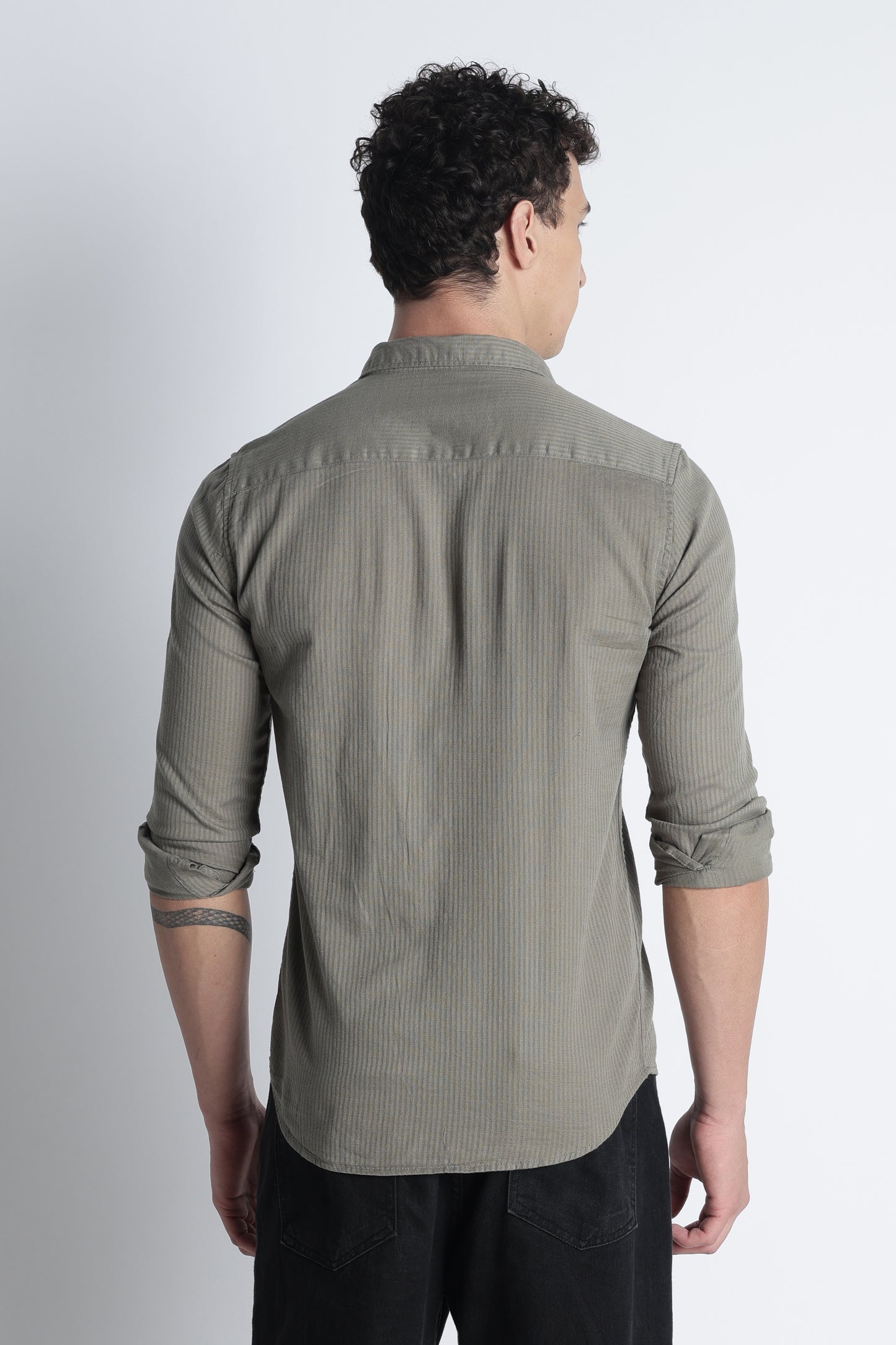 Men Curio Cotton Stripes Shirt-Olive