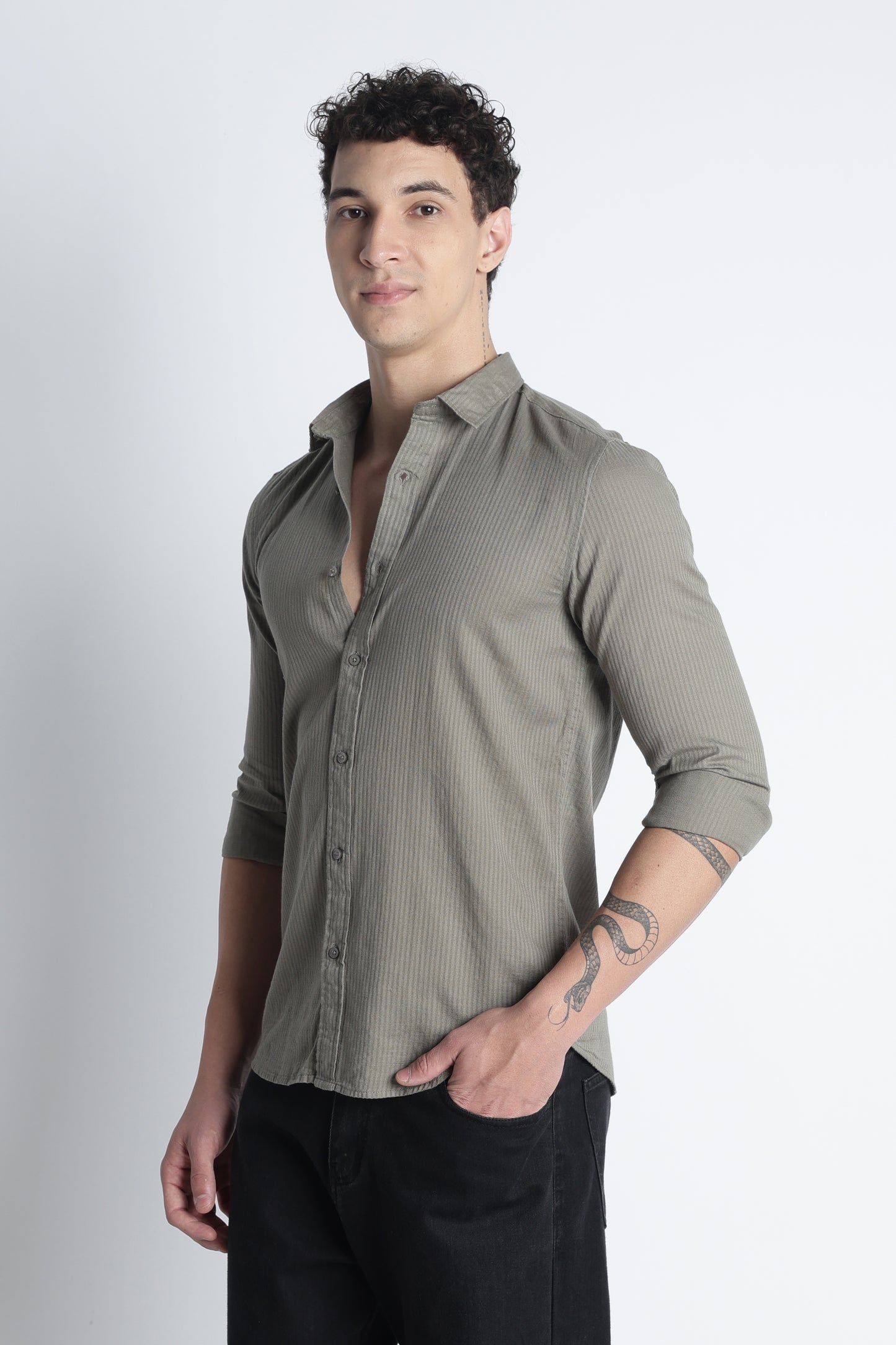 Men Curio Cotton Stripes Shirt-Olive