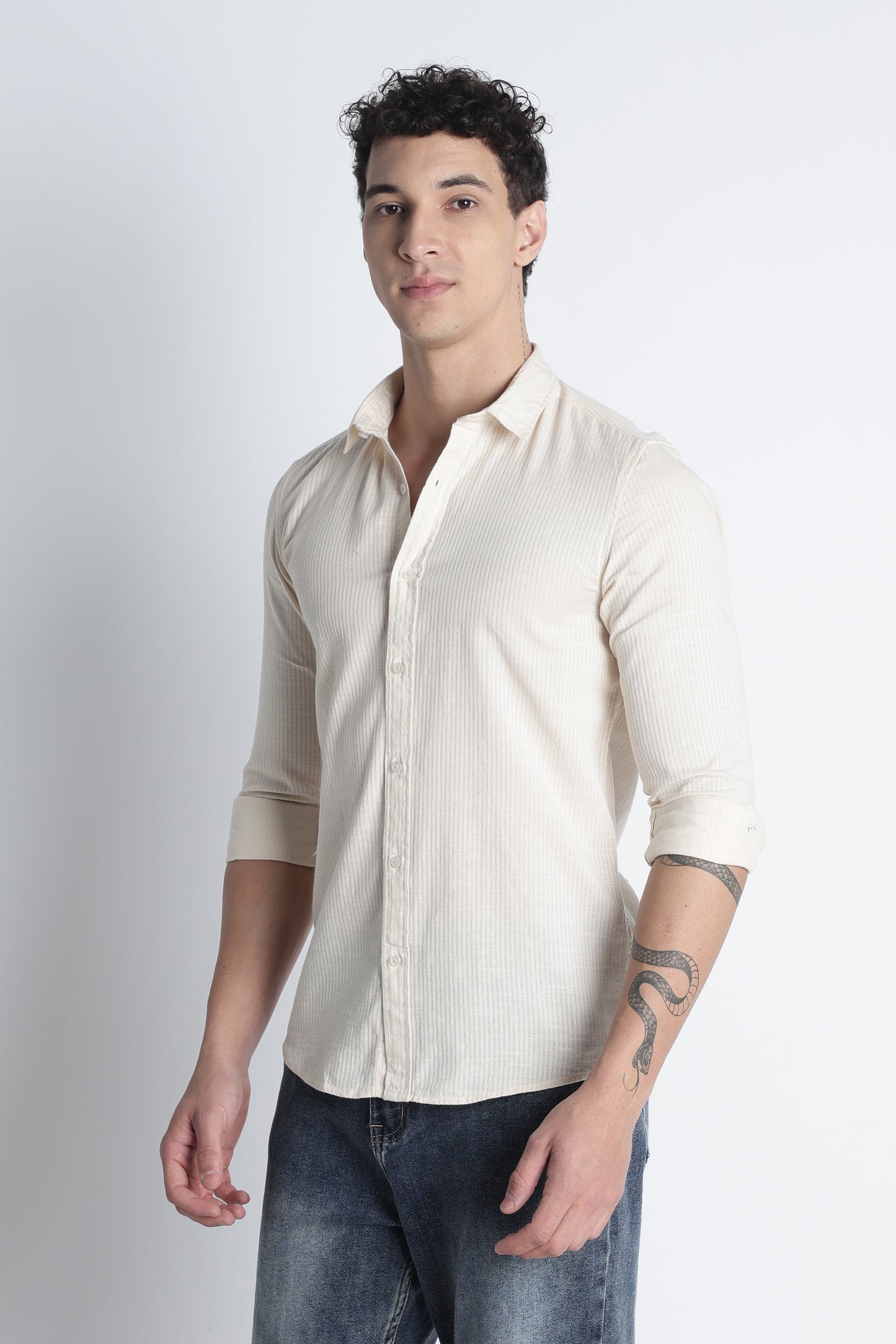 Men Curio Cotton Stripes Shirt-Beige