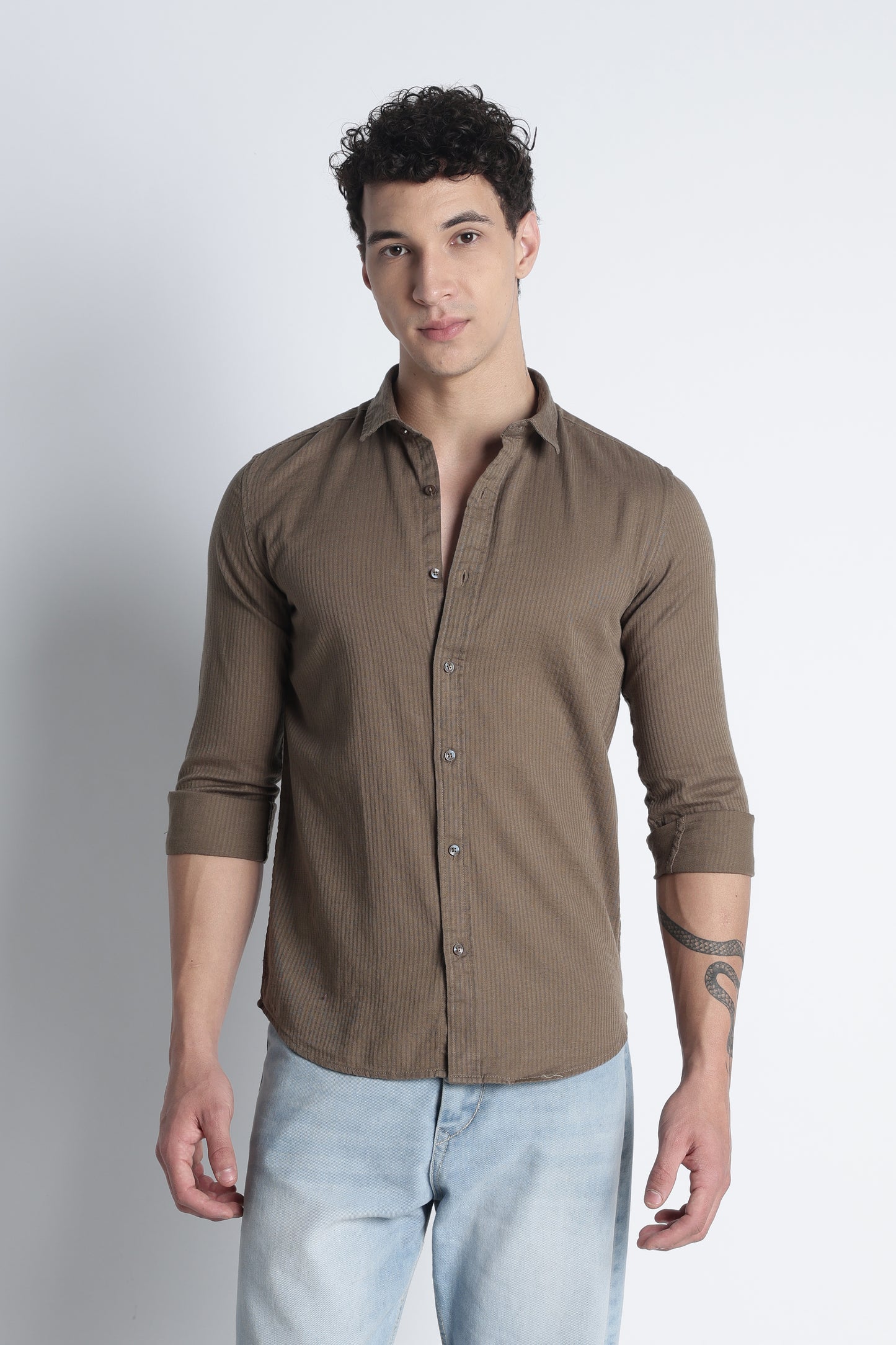 Men Curio Cotton Stripes Shirt-Fawn