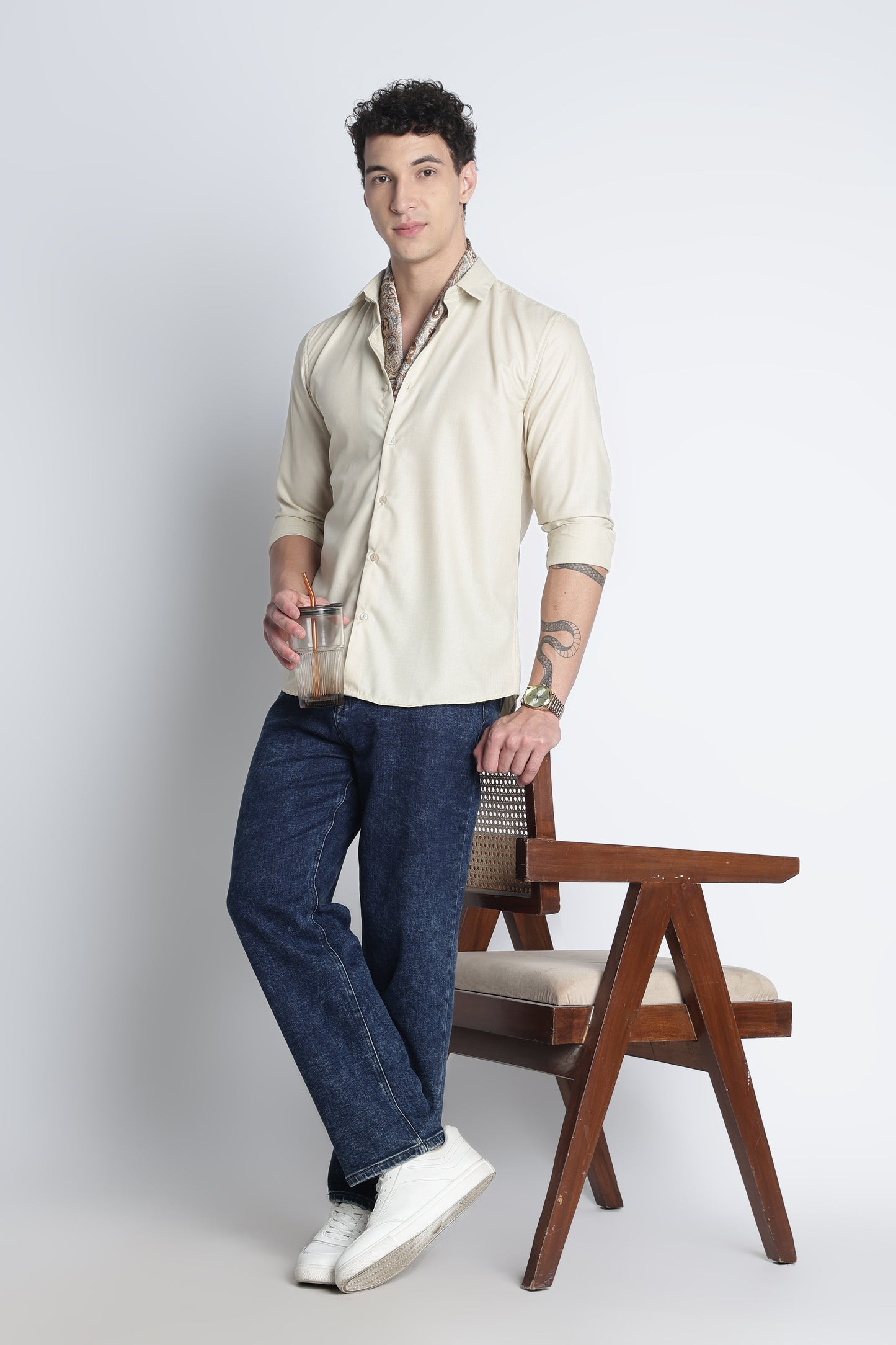 Men Liquid Nylon Plain Shirts-Beige