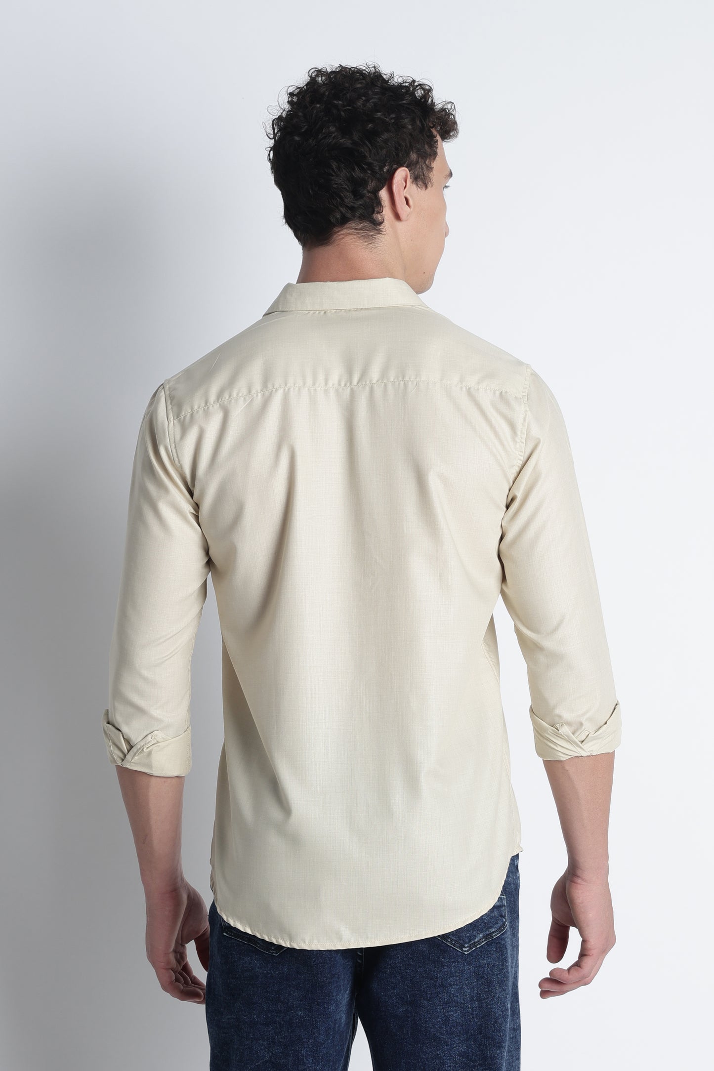 Men Liquid Nylon Plain Shirts-Beige