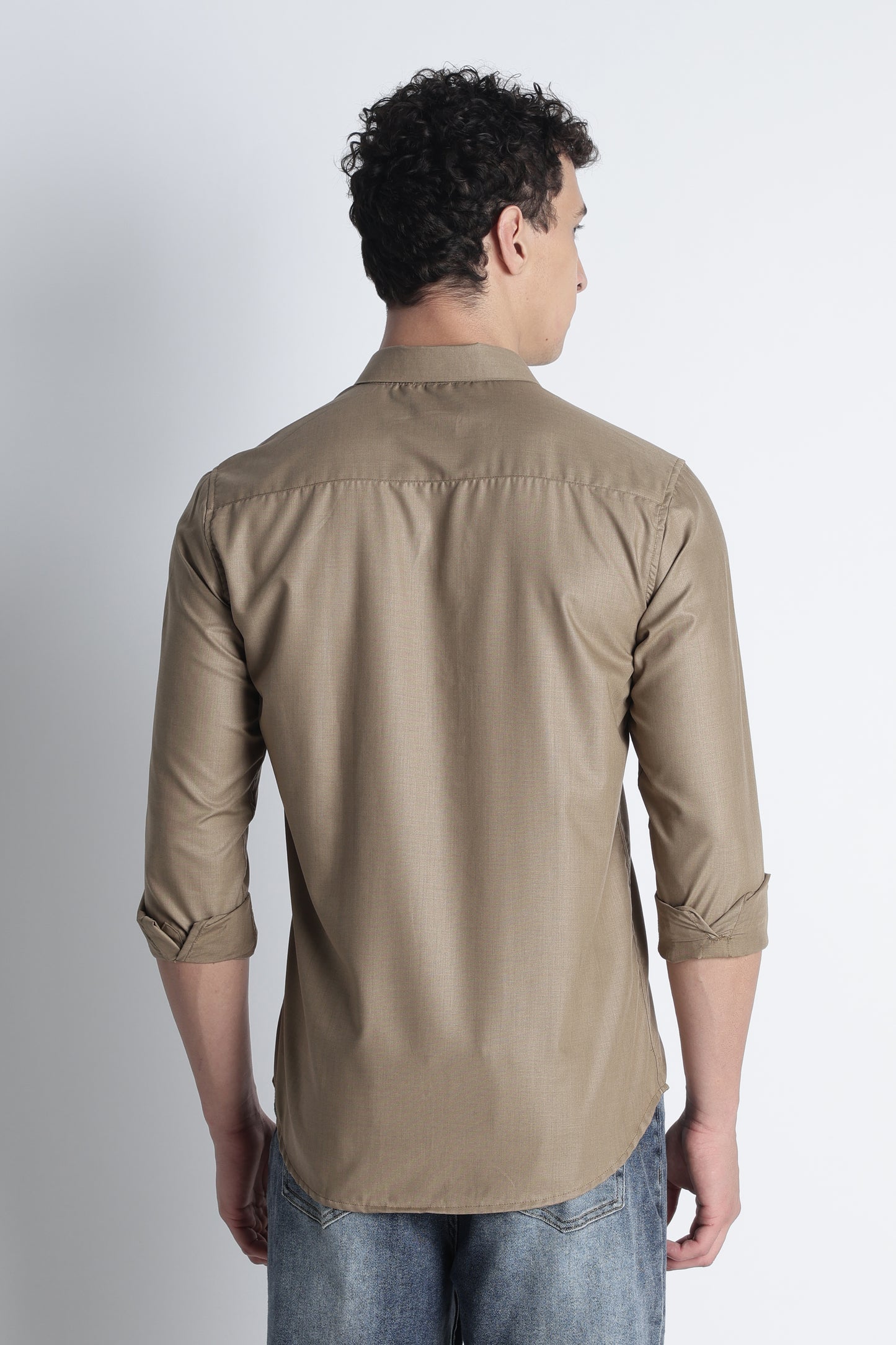Men Liquid Nylon Plain Shirts-Khakhi