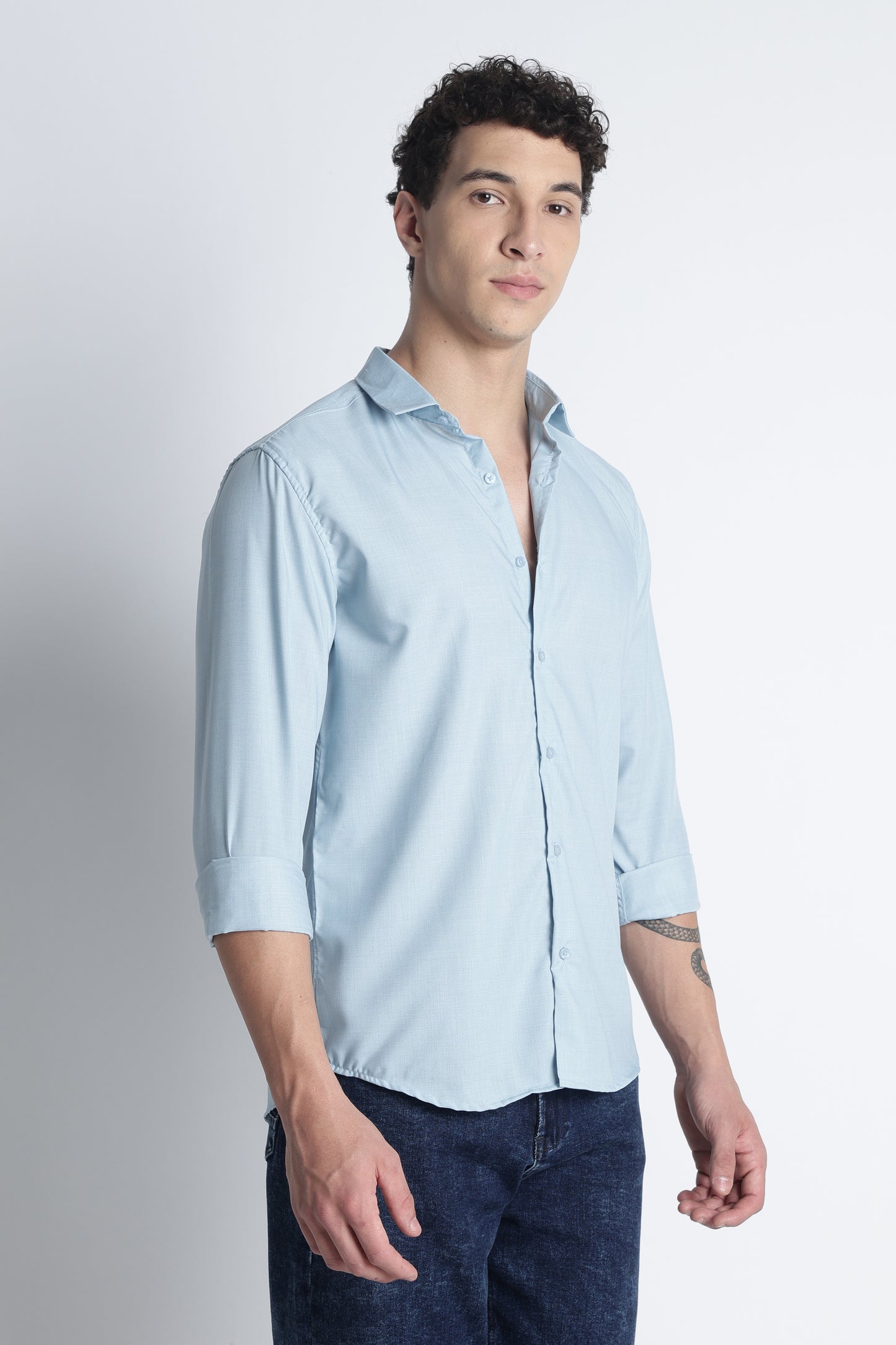 Men Liquid Nylon Plain Shirts-Lt Blue