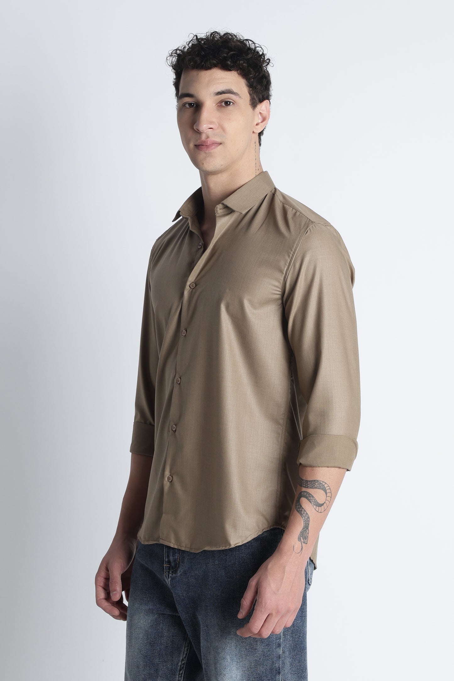 Men Liquid Nylon Plain Shirts-Khakhi