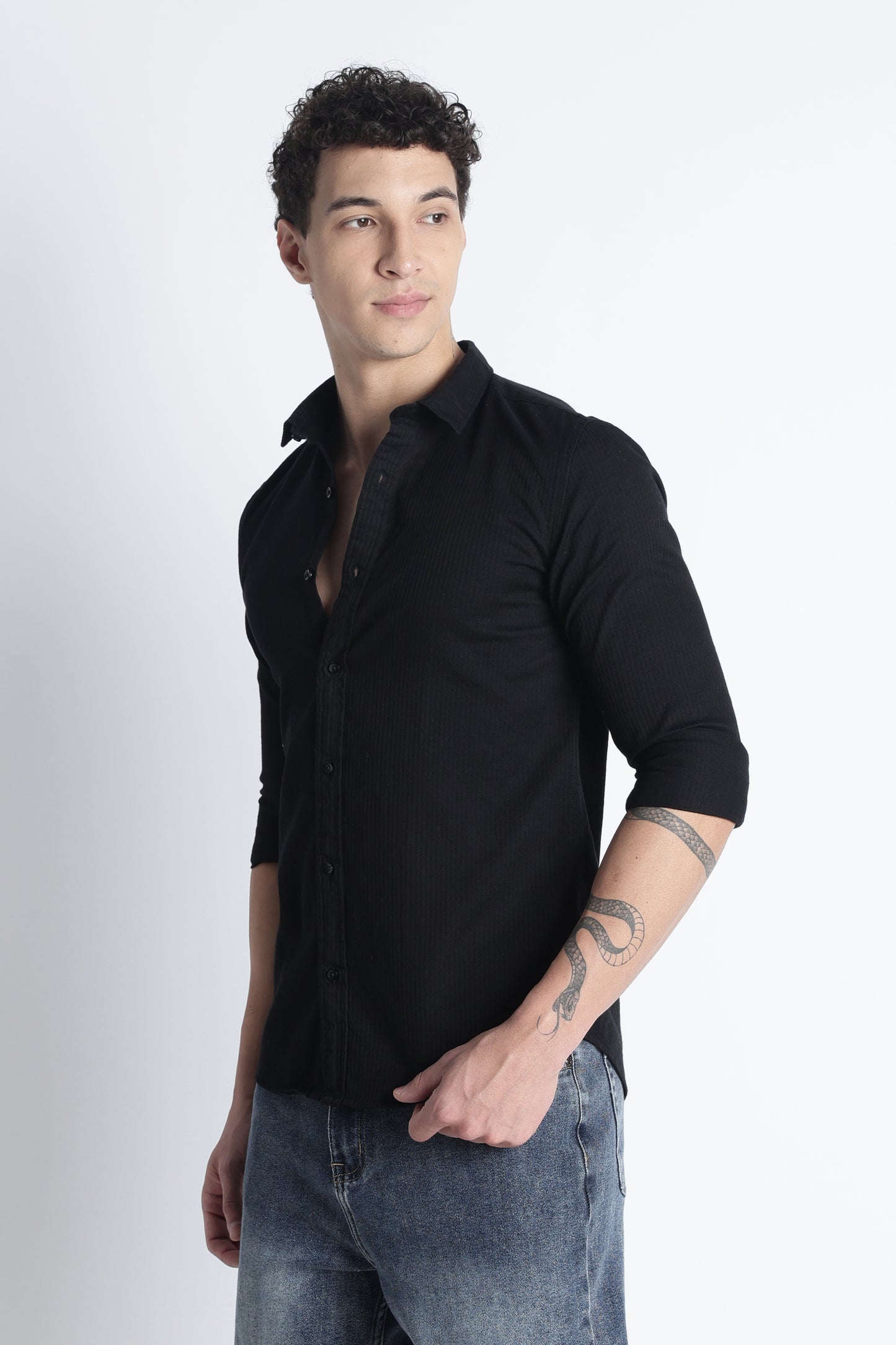 Men Curio Cotton Stripes Shirt-Black