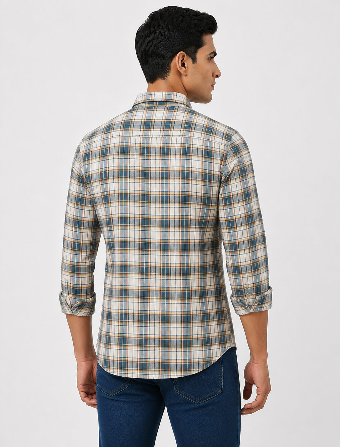 Men Oxford Square Checks Slim Fit Shirt – Aqua