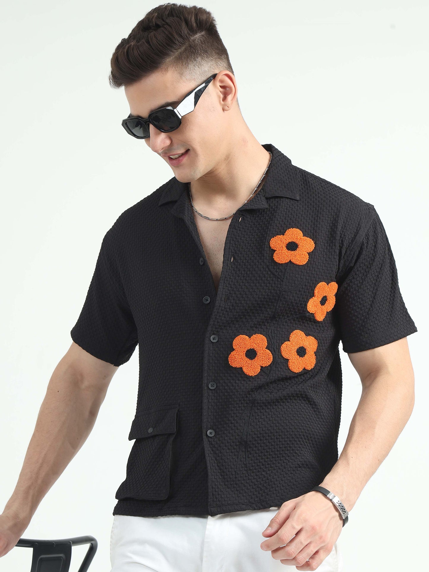 Men Sunflower Baggy Shirt Black Oversized Shirt