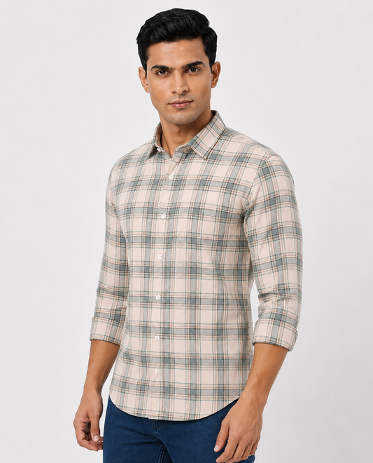 Men Oxford Square Checks Slim Fit Shirt – Green Grey