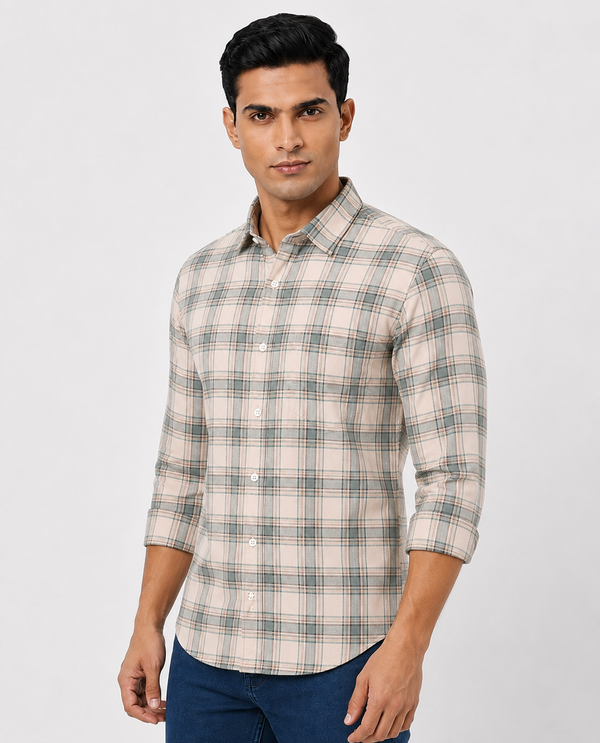 Men Oxford Square Checks Slim Fit Shirt – Green Grey