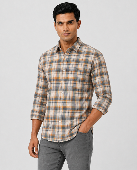 Men Oxford Square Checks Slim Fit Shirt – Blue Orange