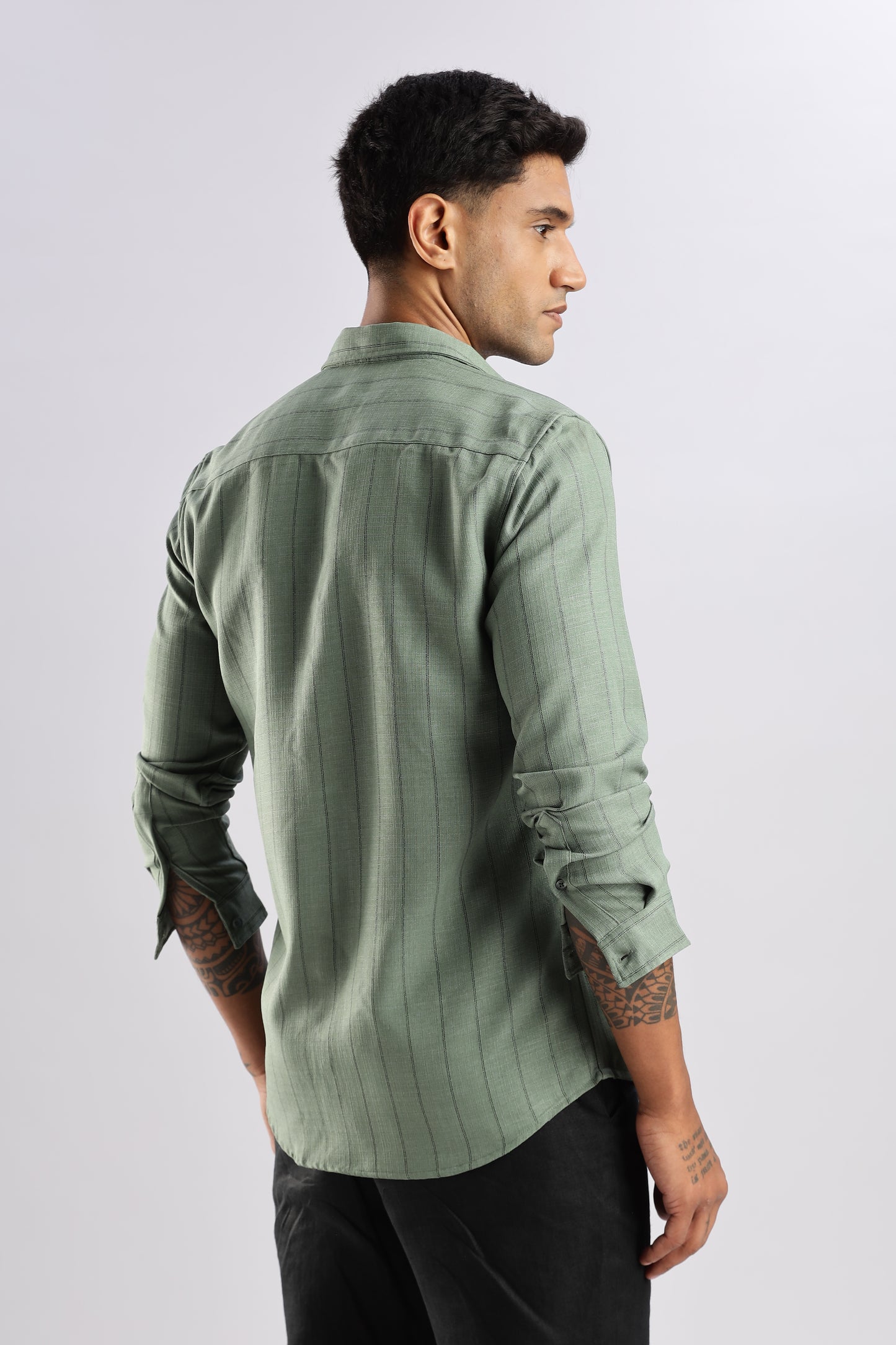 Men Air Like Linen Stripes Shirt-Olive