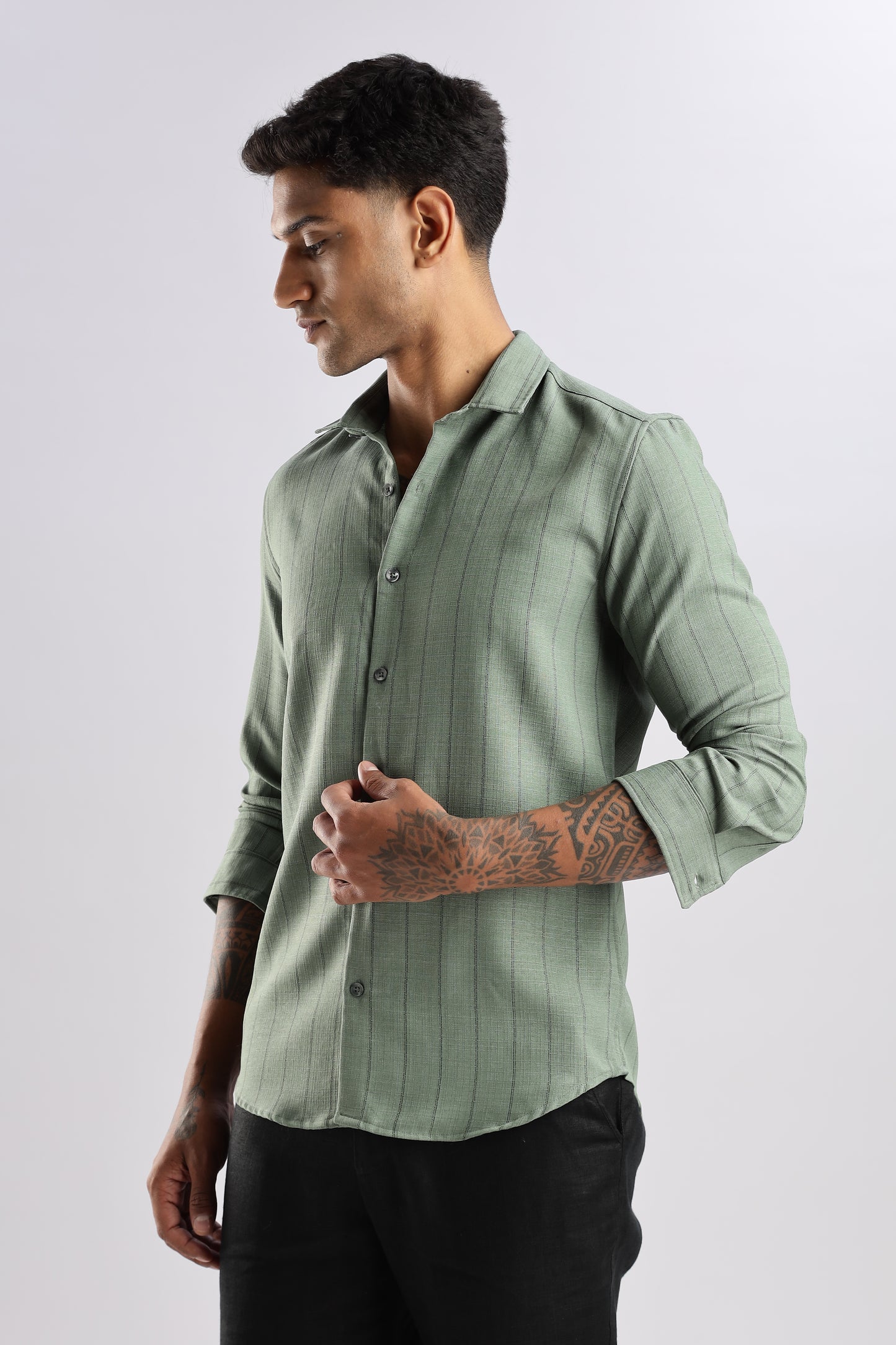 Men Air Like Linen Stripes Shirt-Olive