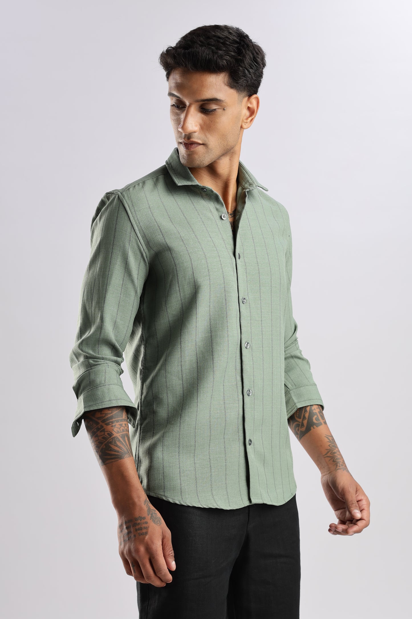 Men Air Like Linen Stripes Shirt-Olive