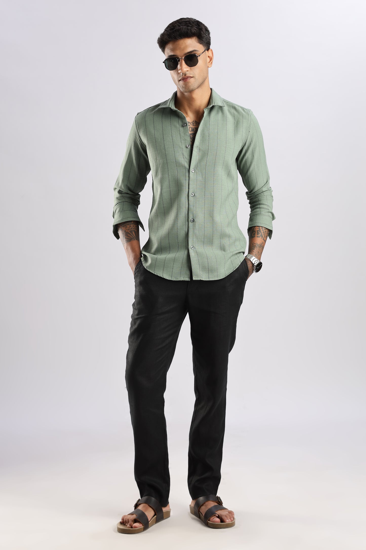 Men Air Like Linen Stripes Shirt-Olive