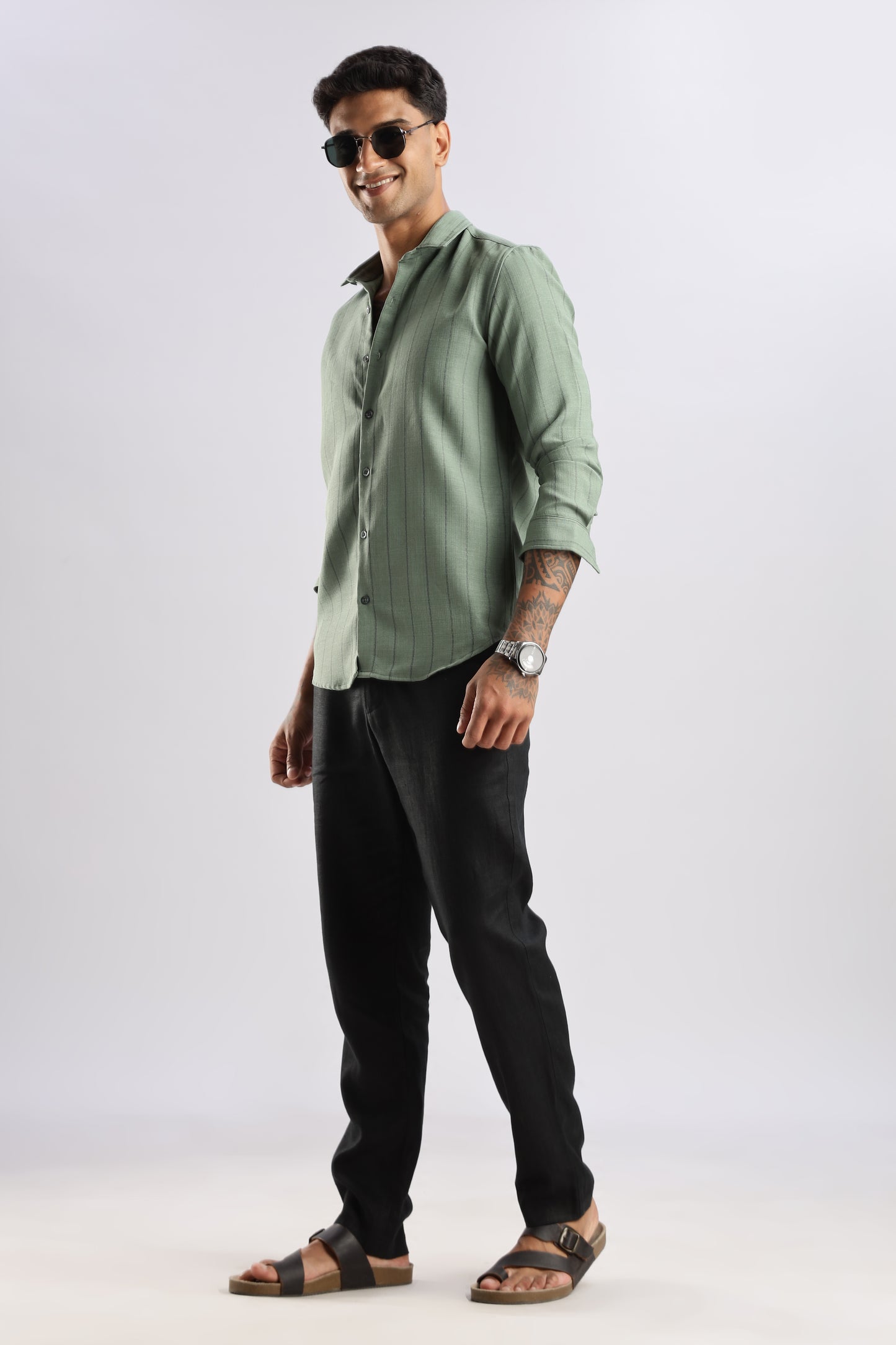 Men Air Like Linen Stripes Shirt-Olive