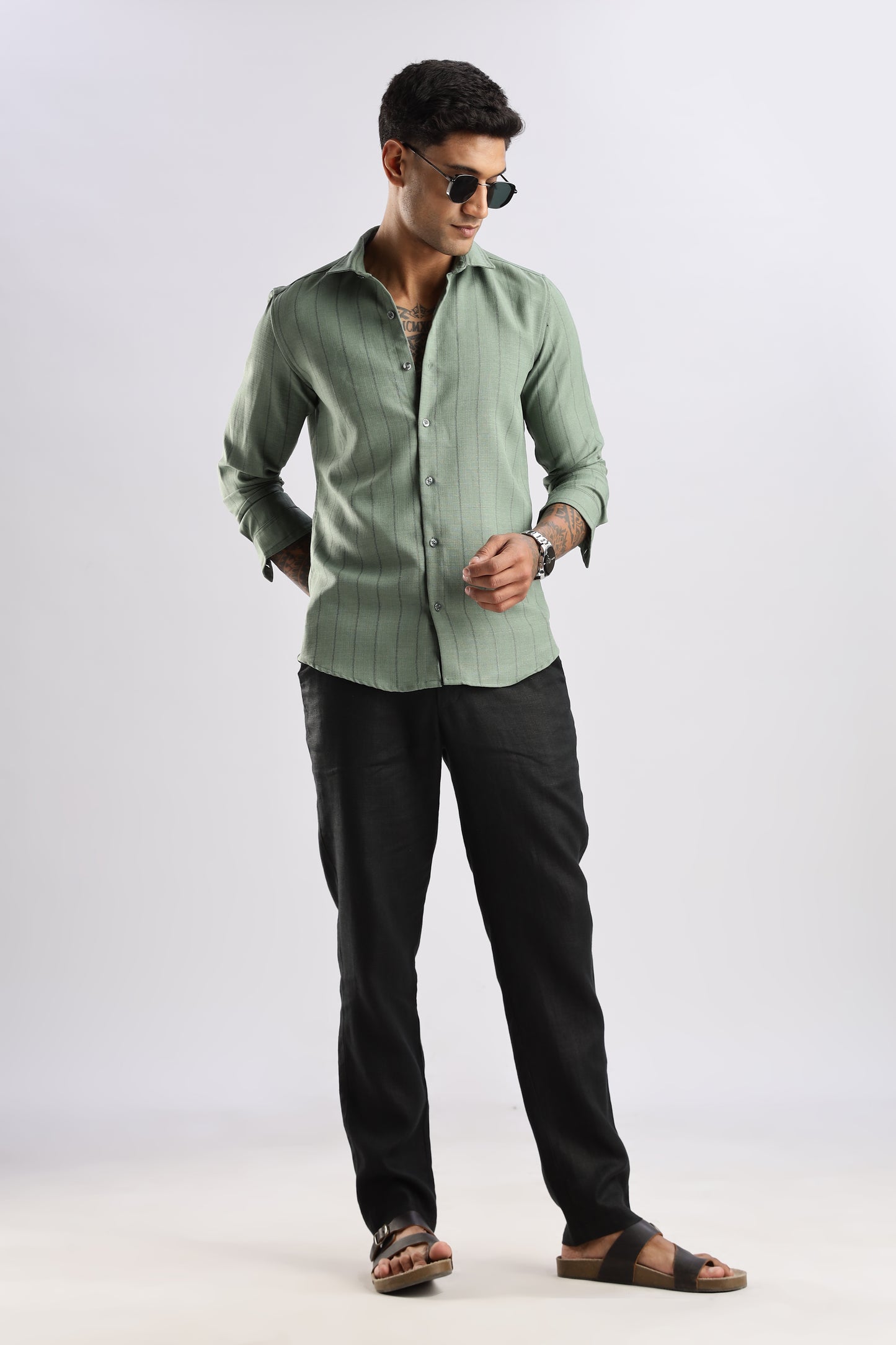Men Air Like Linen Stripes Shirt-Olive
