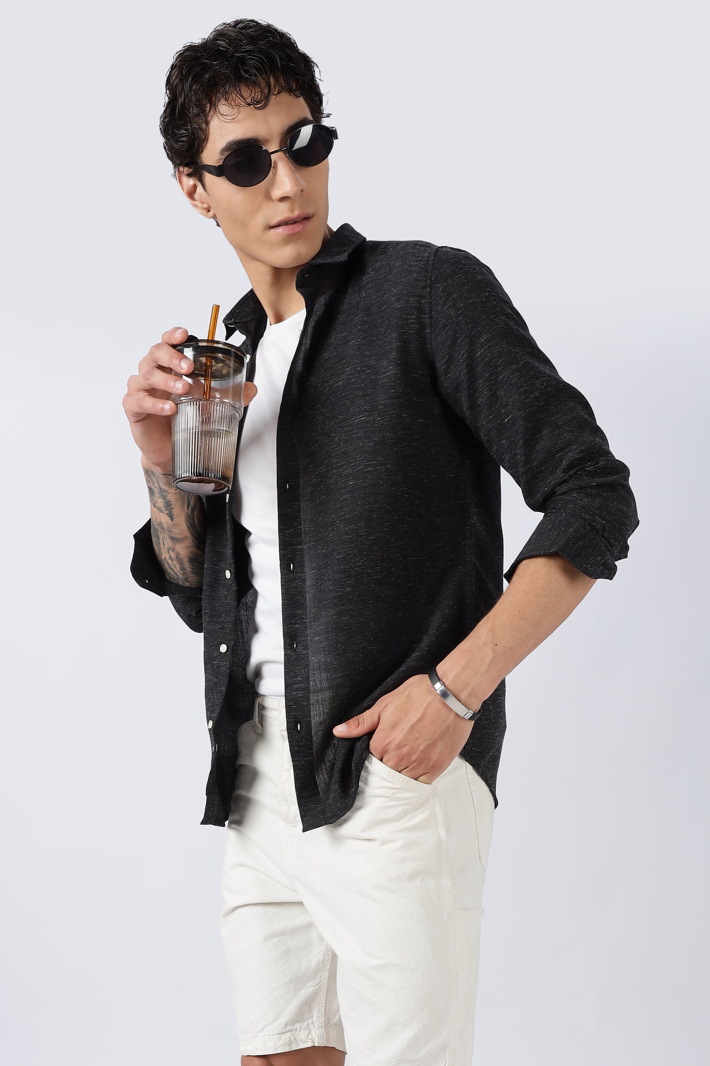 Men Dapper Linen Shirts-Black
