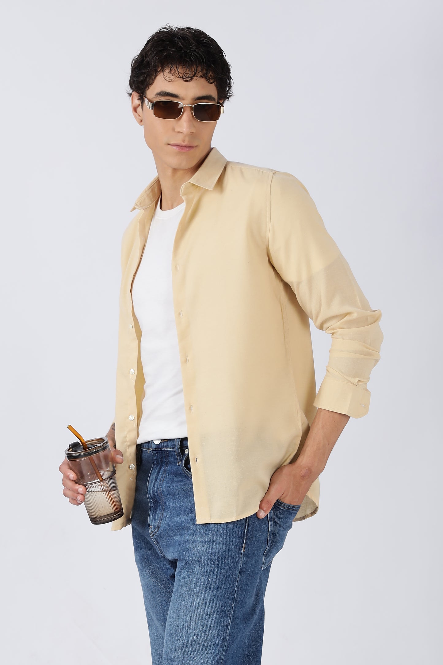 Men Dapper Linen Shirts-Beige
