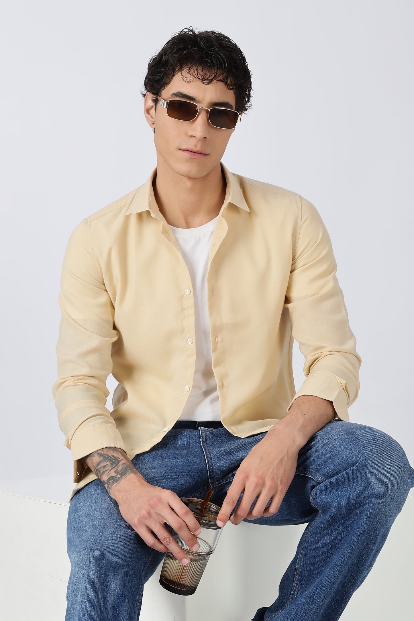 Men Dapper Linen Shirts-Beige