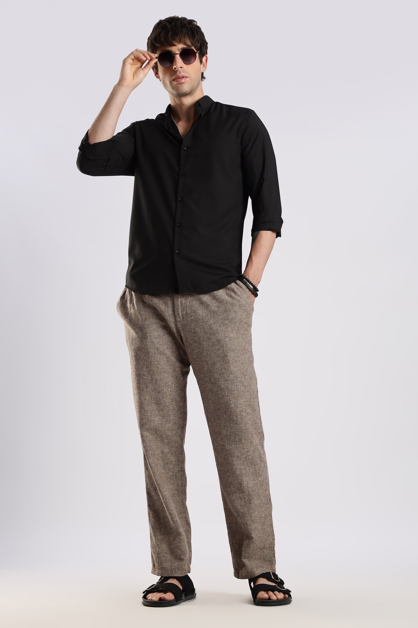 Men Liquid Nylon Plain Shirts-Black