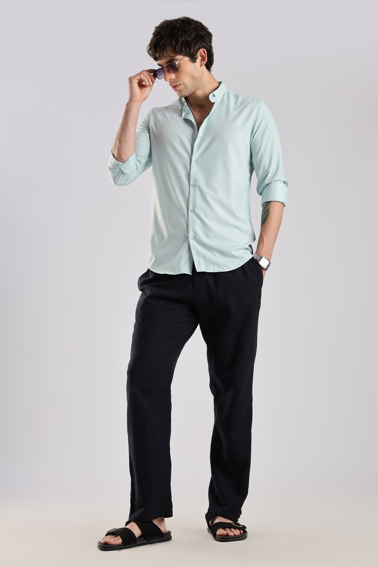 Men Liquid Nylon Plain Shirts-Sky Blue