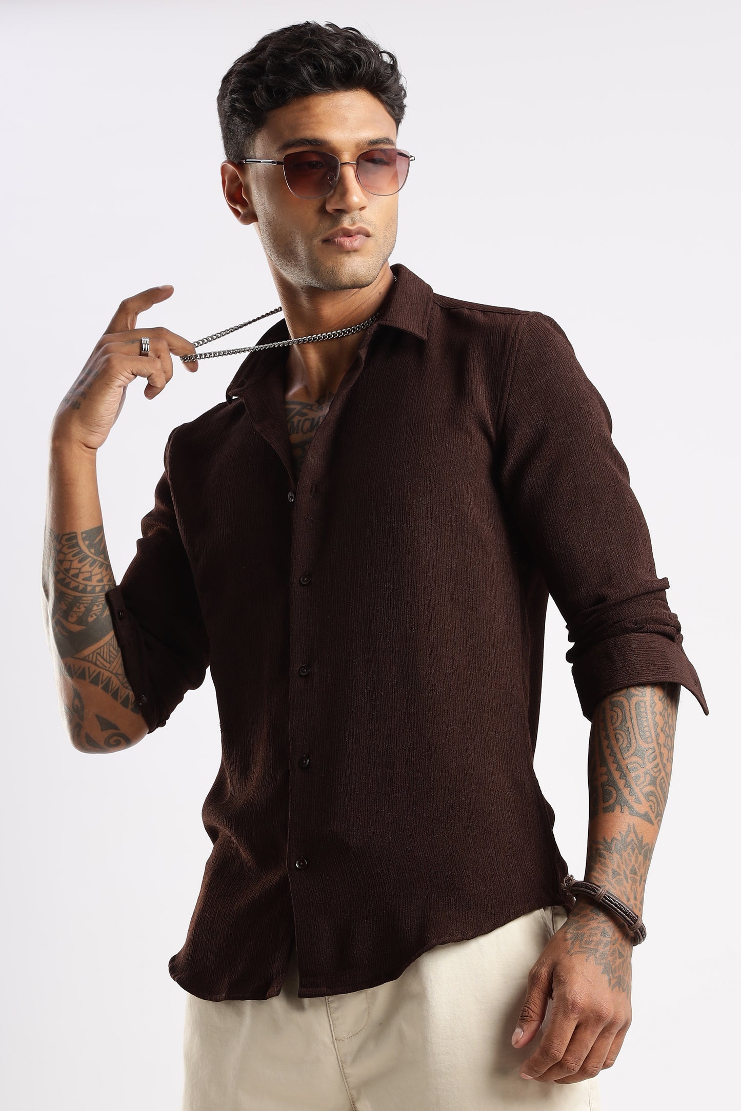 Men Textured Shirt-Brown