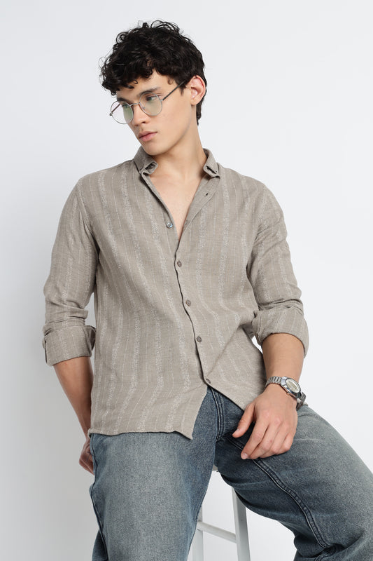Men Milange Linen Stripes Shirts-Khakhi