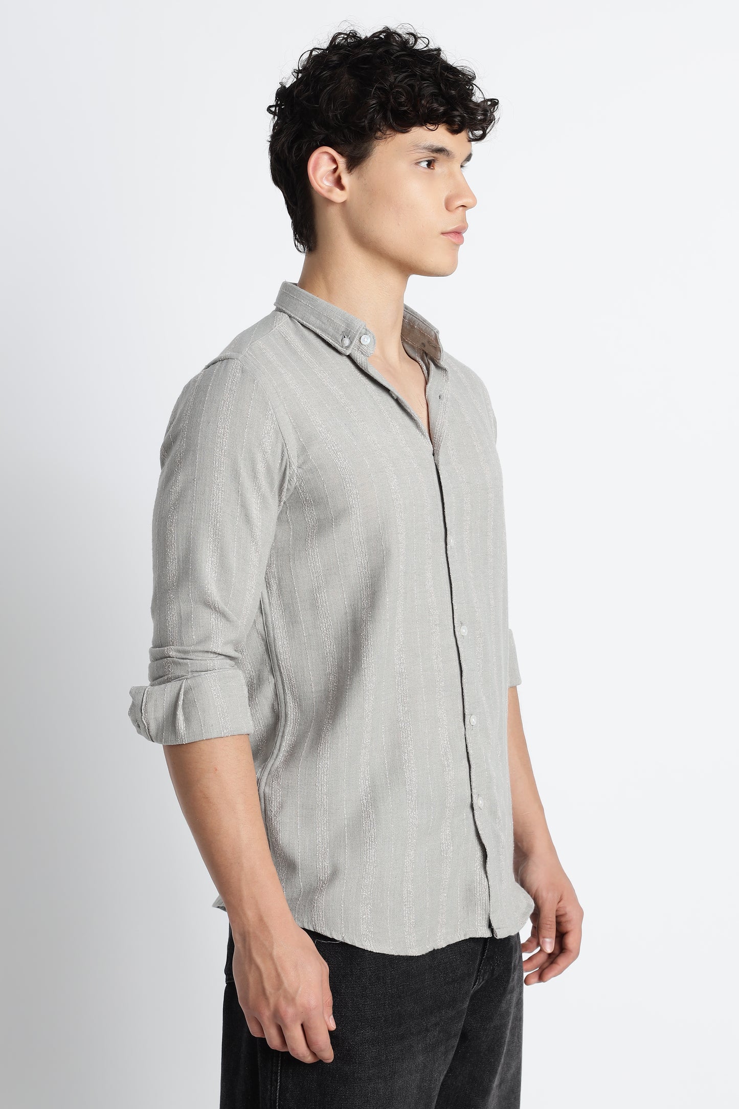 Men Milange Linen Stripes Shirts-Lt Grey