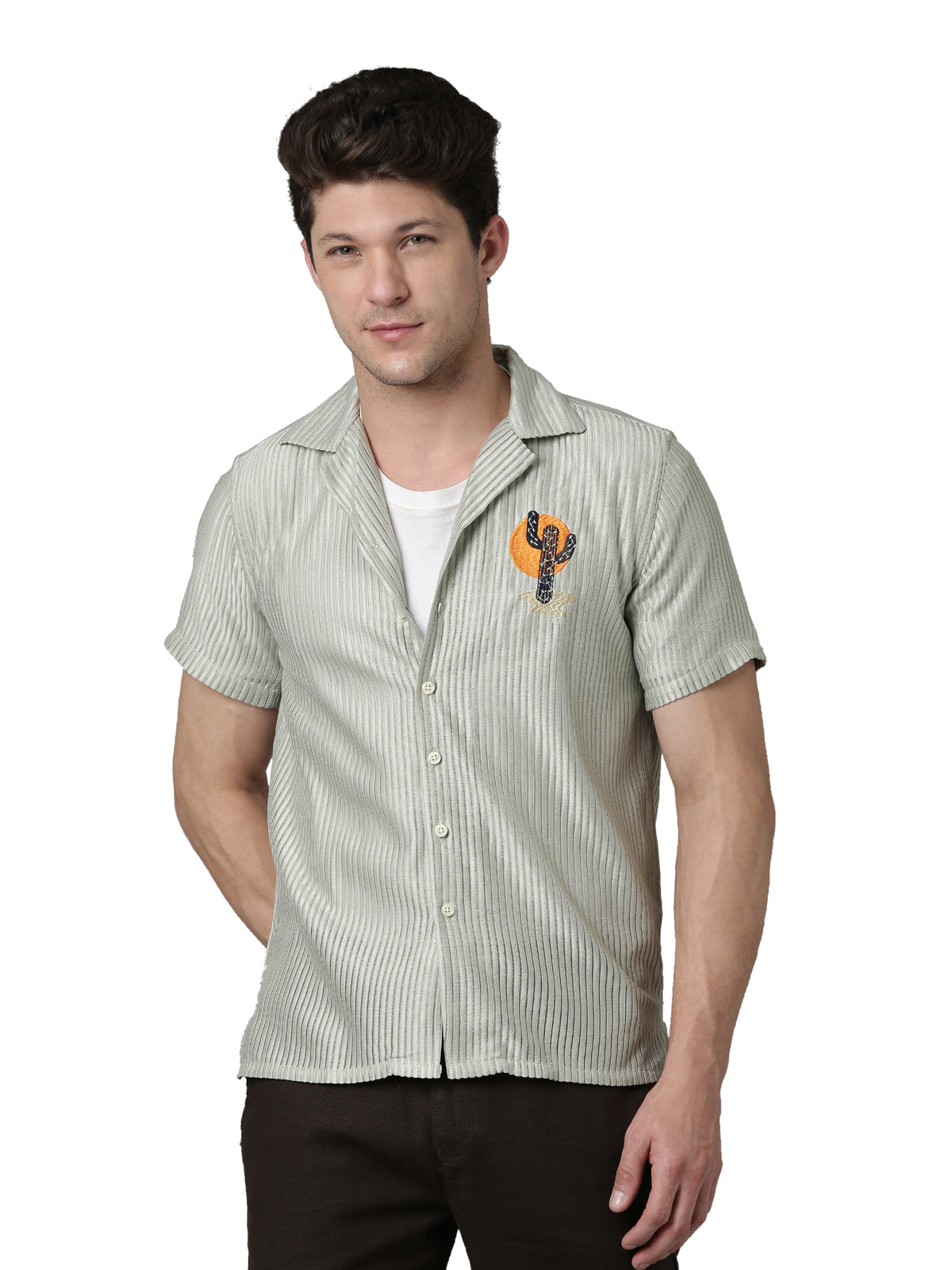 Men Embroidered Stripes Shirt- Light Green