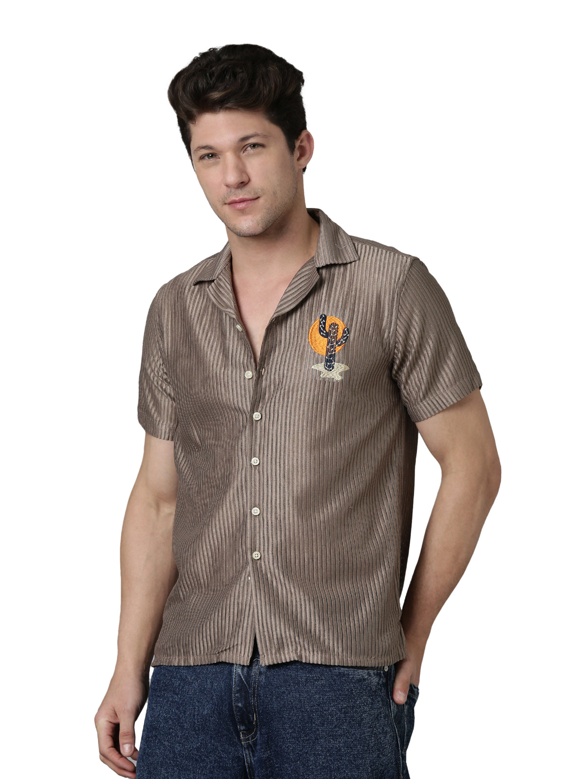 Men Embroidered Stripes Shirt-Brown