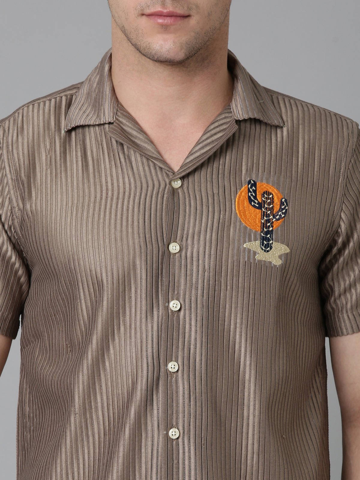 Men Embroidered Stripes Shirt-Brown