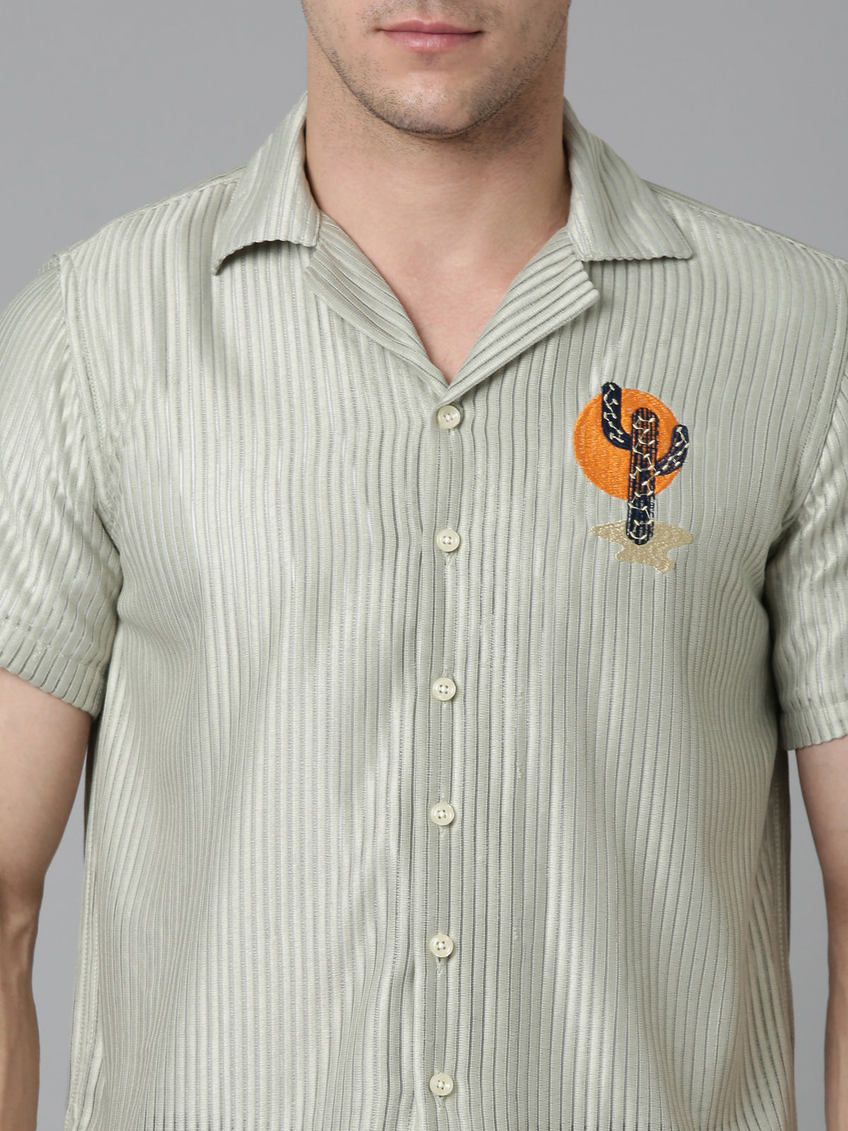 Men Embroidered Stripes Shirt- Light Green