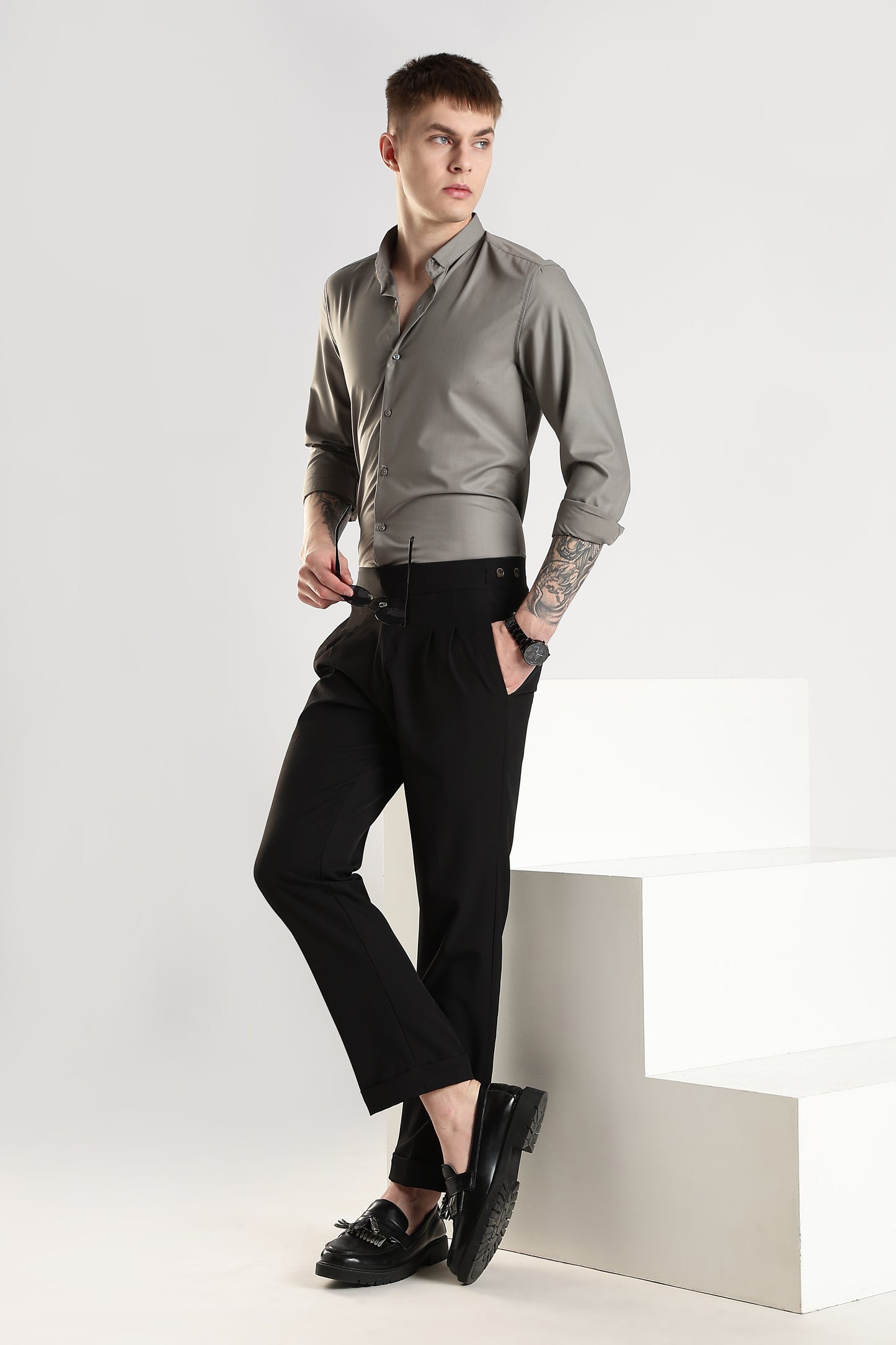 Men Liquid Nylon Plain Shirts-Dk Grey