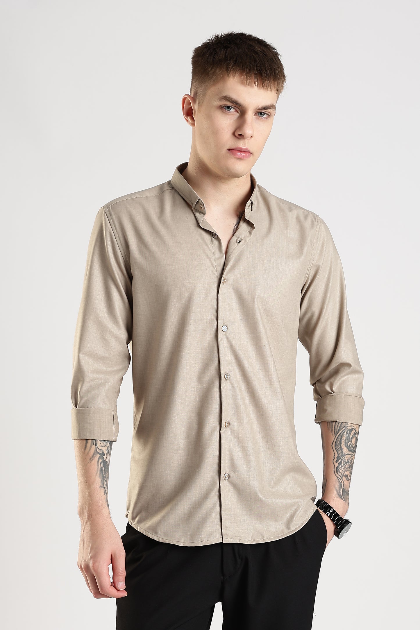 Men Liquid Nylon Plain Shirts-Fawn