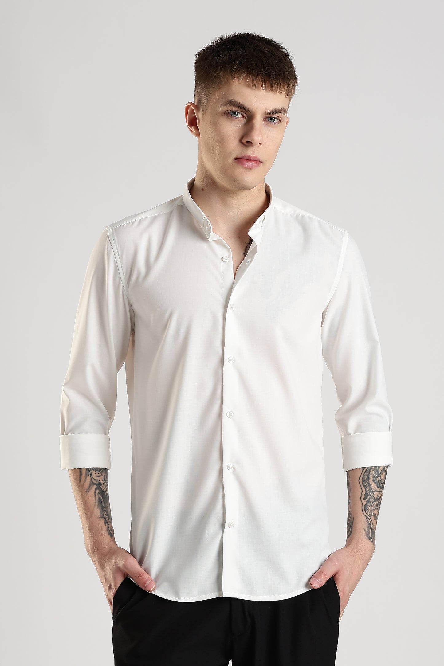 Men Liquid Nylon Plain Shirts-White