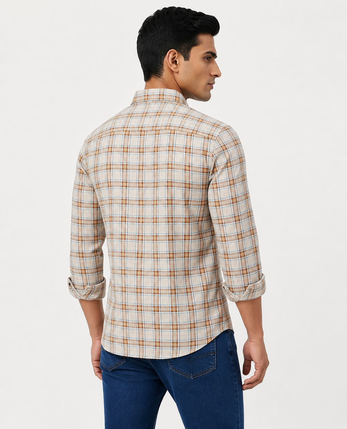 Men Oxford Square Checks Slim Fit Shirt – Brown Blue