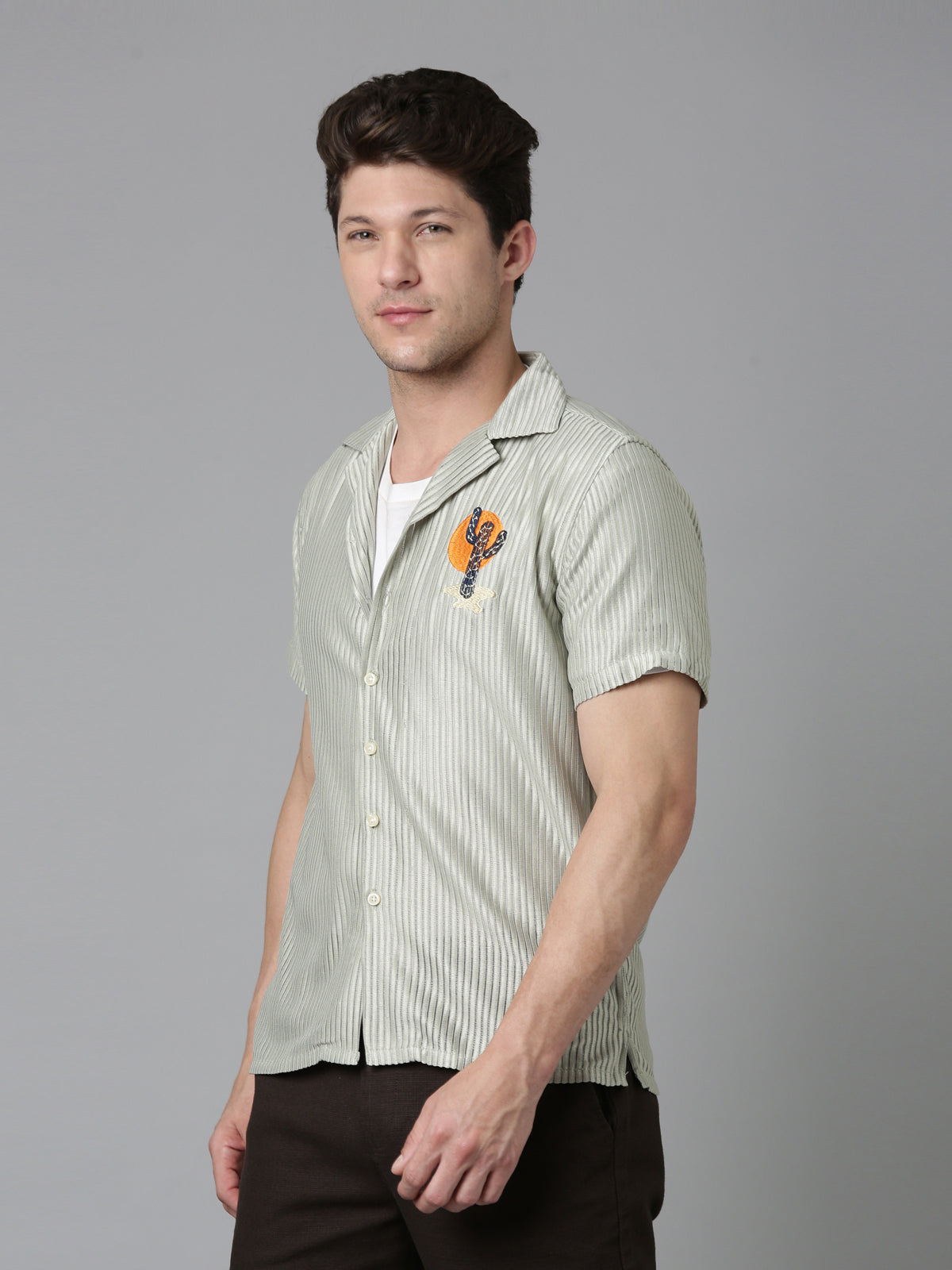 Men Embroidered Stripes Shirt- Light Green