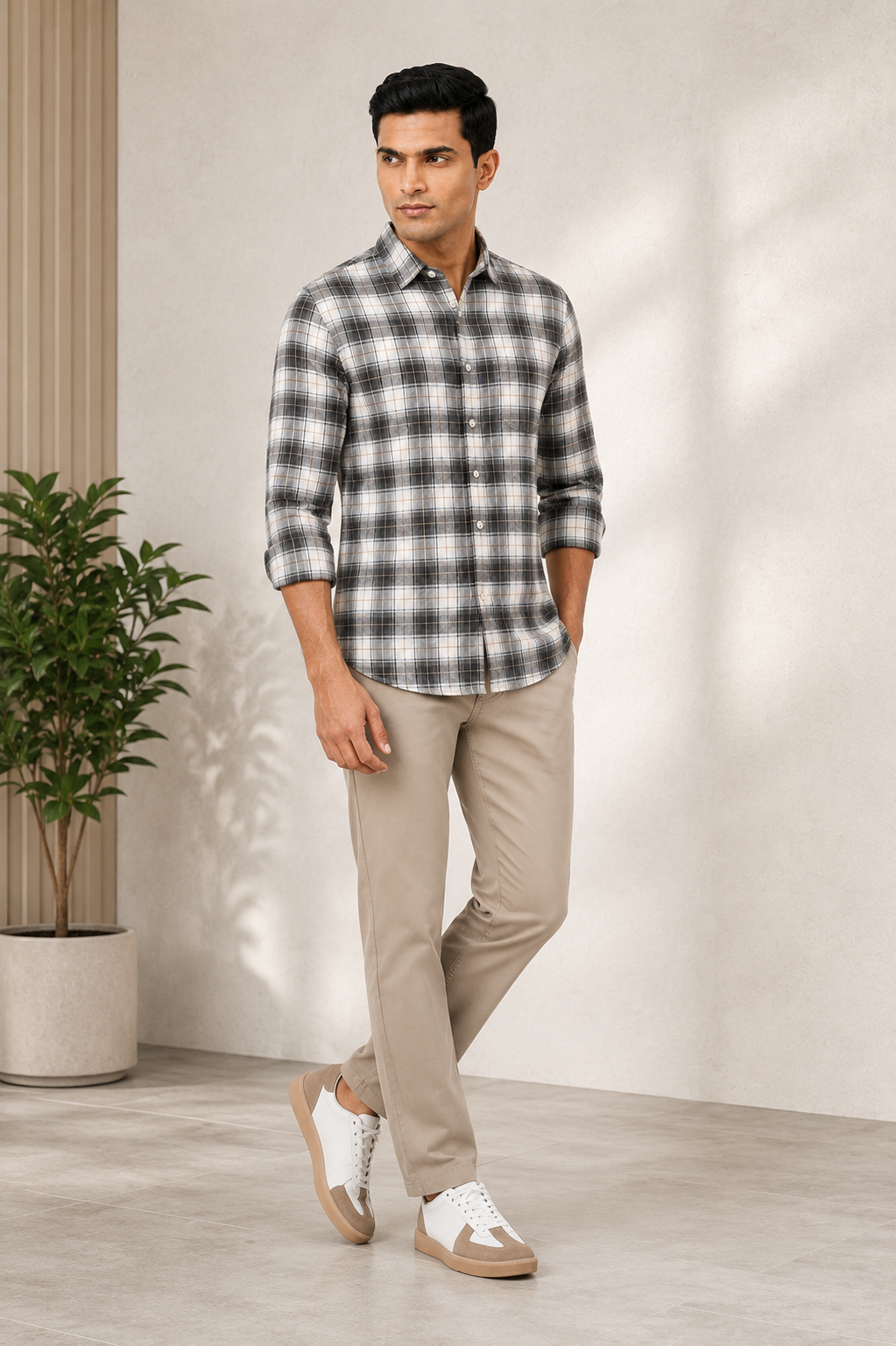 Men Oxford Square Checks Slim Fit Shirt – Grey Blue