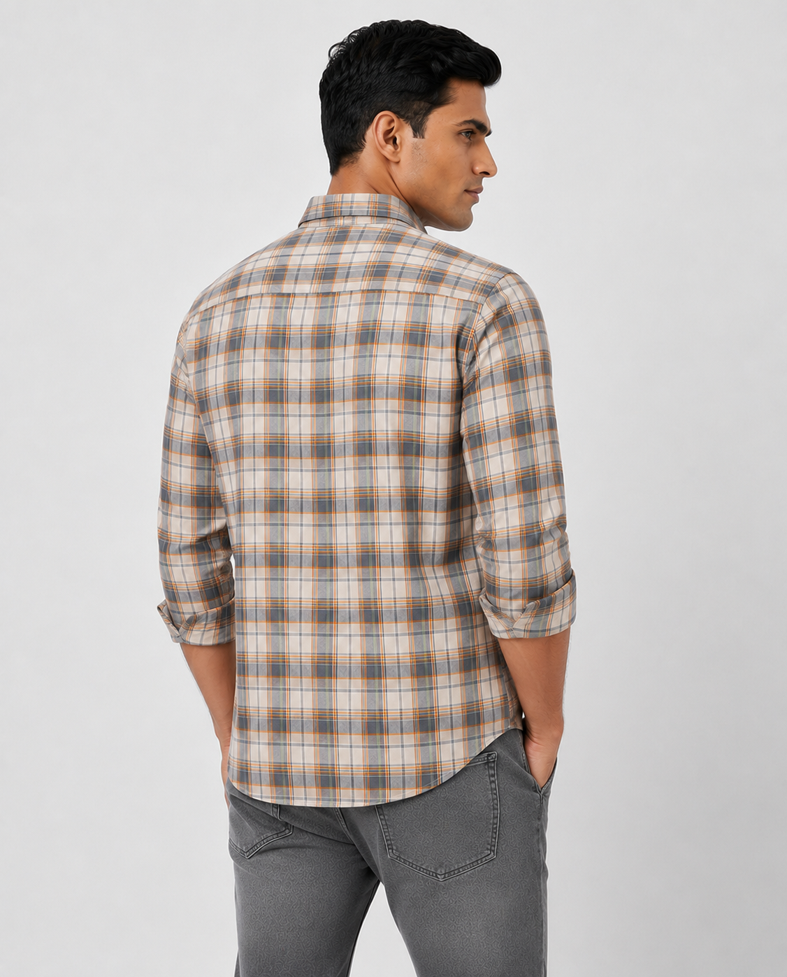 Men Oxford Square Checks Slim Fit Shirt – Blue Orange