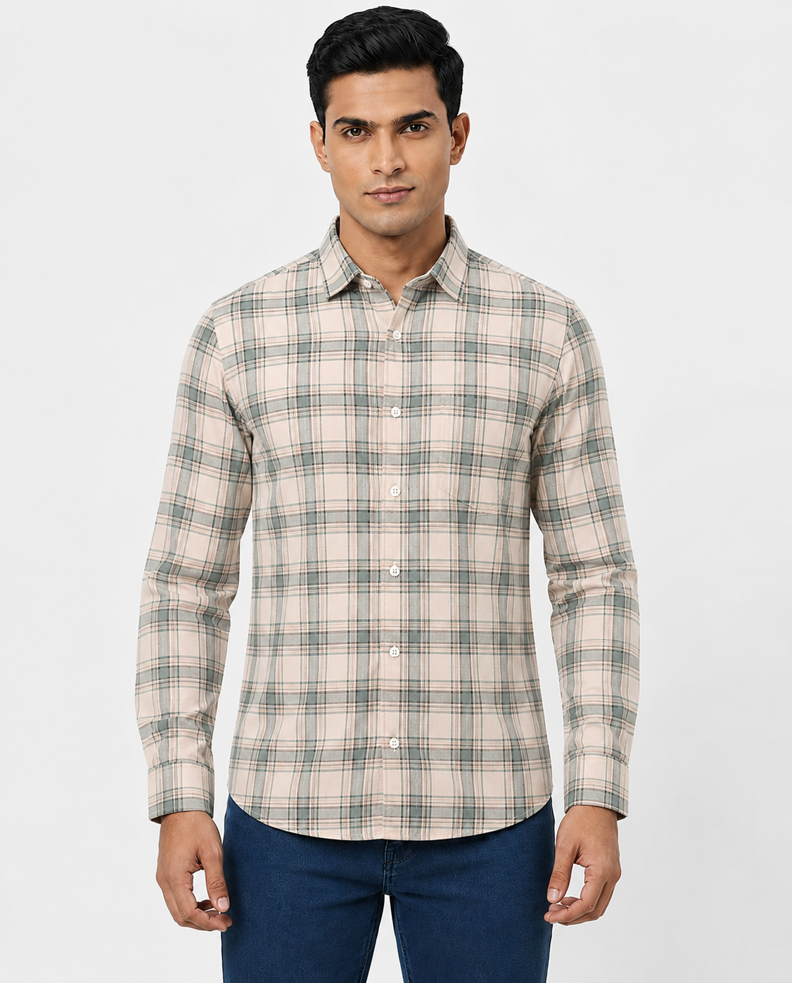 Men Oxford Square Checks Slim Fit Shirt – Green Grey