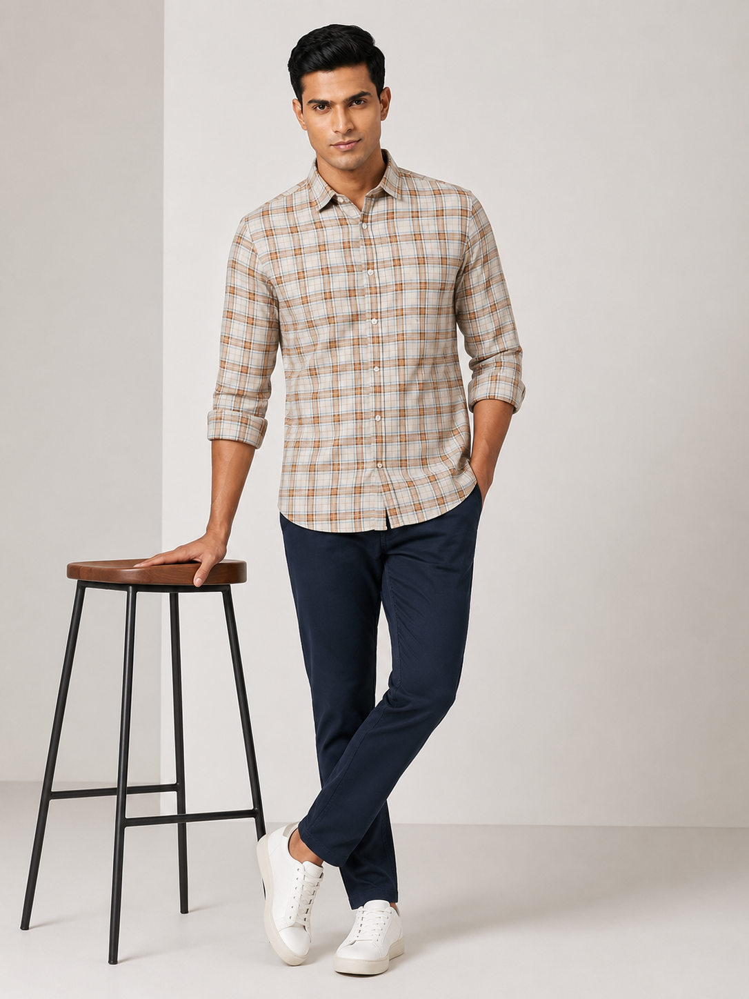 Men Oxford Square Checks Slim Fit Shirt – Brown Blue