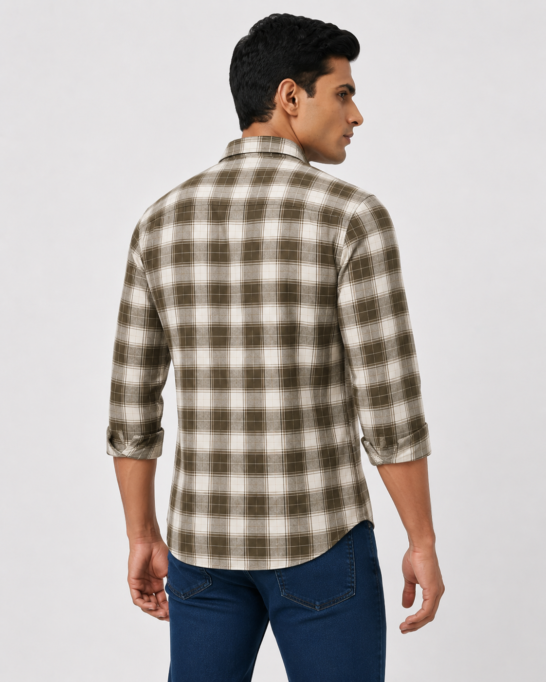 Men Oxford Square Checks Slim Fit Shirt – Olive Grey