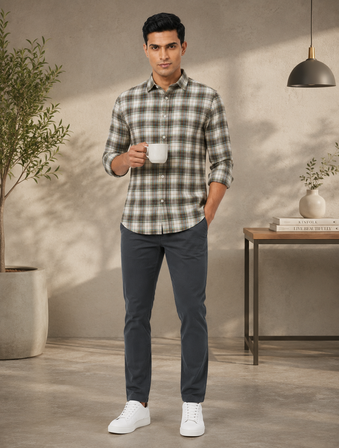 Men Oxford Square Checks Slim Fit Shirt – Burgundy