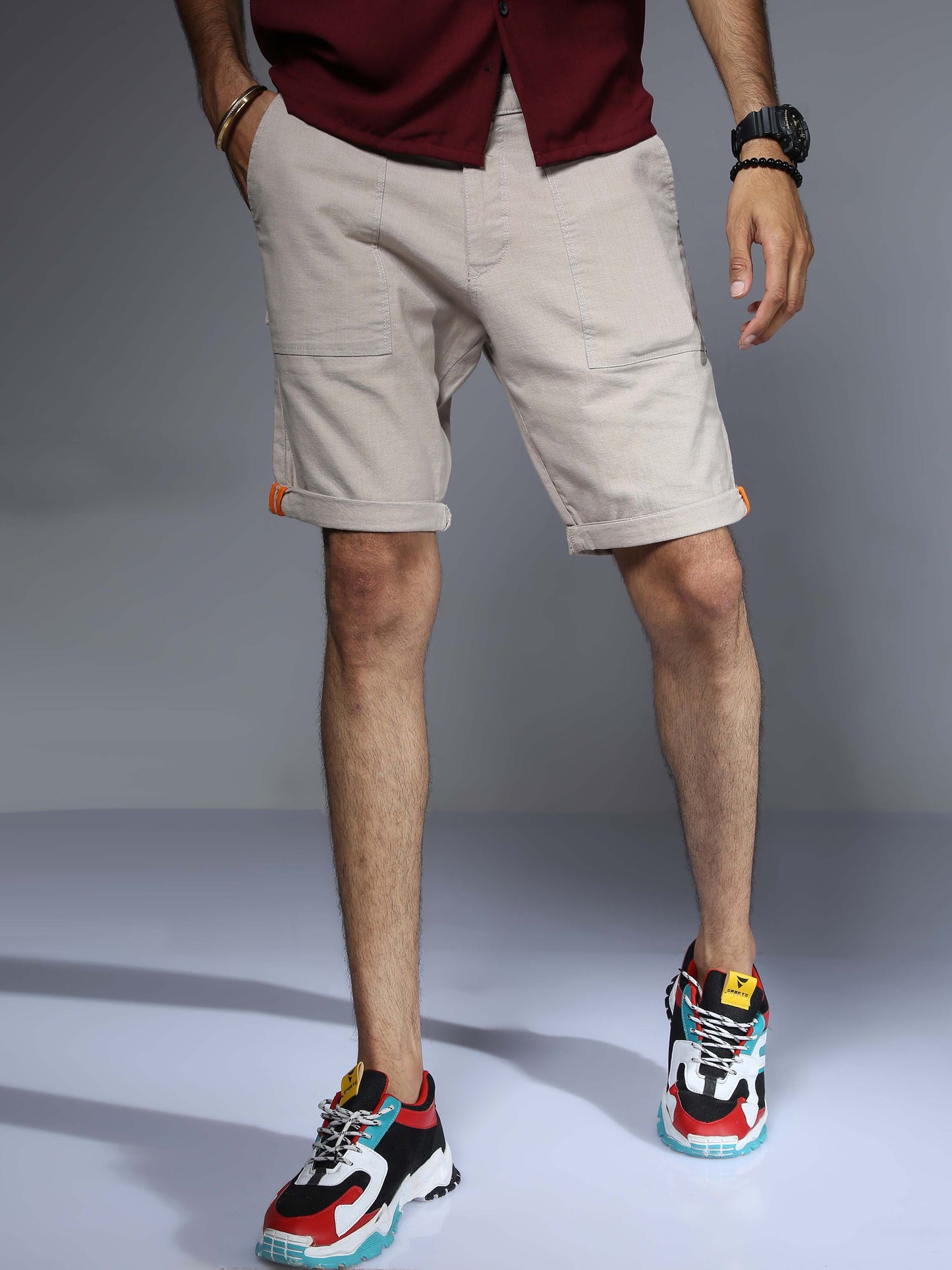 Men Linen Beige Cargo Shorts
