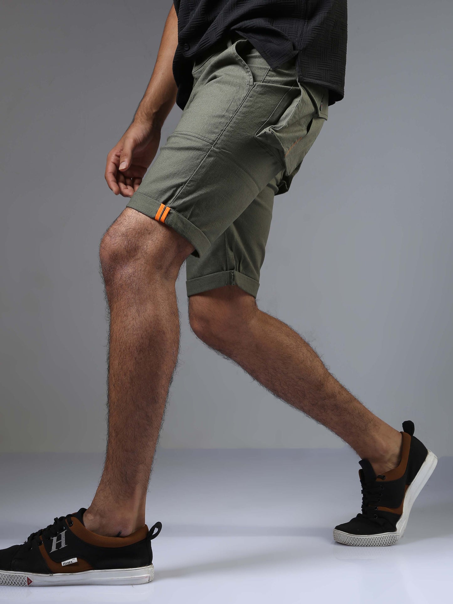 Men Linen Olive Cargo Shorts