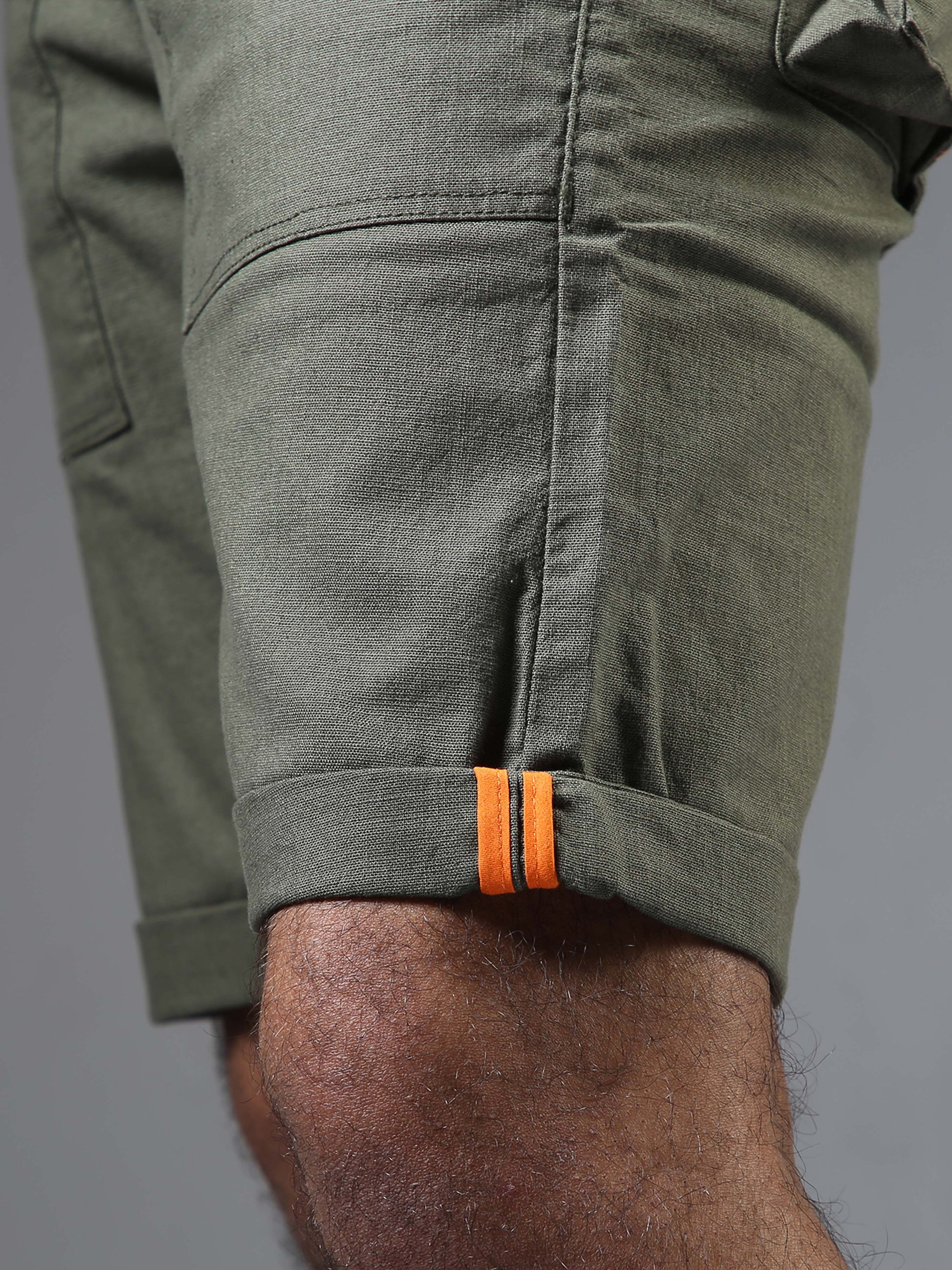 Men Linen Olive Cargo Shorts