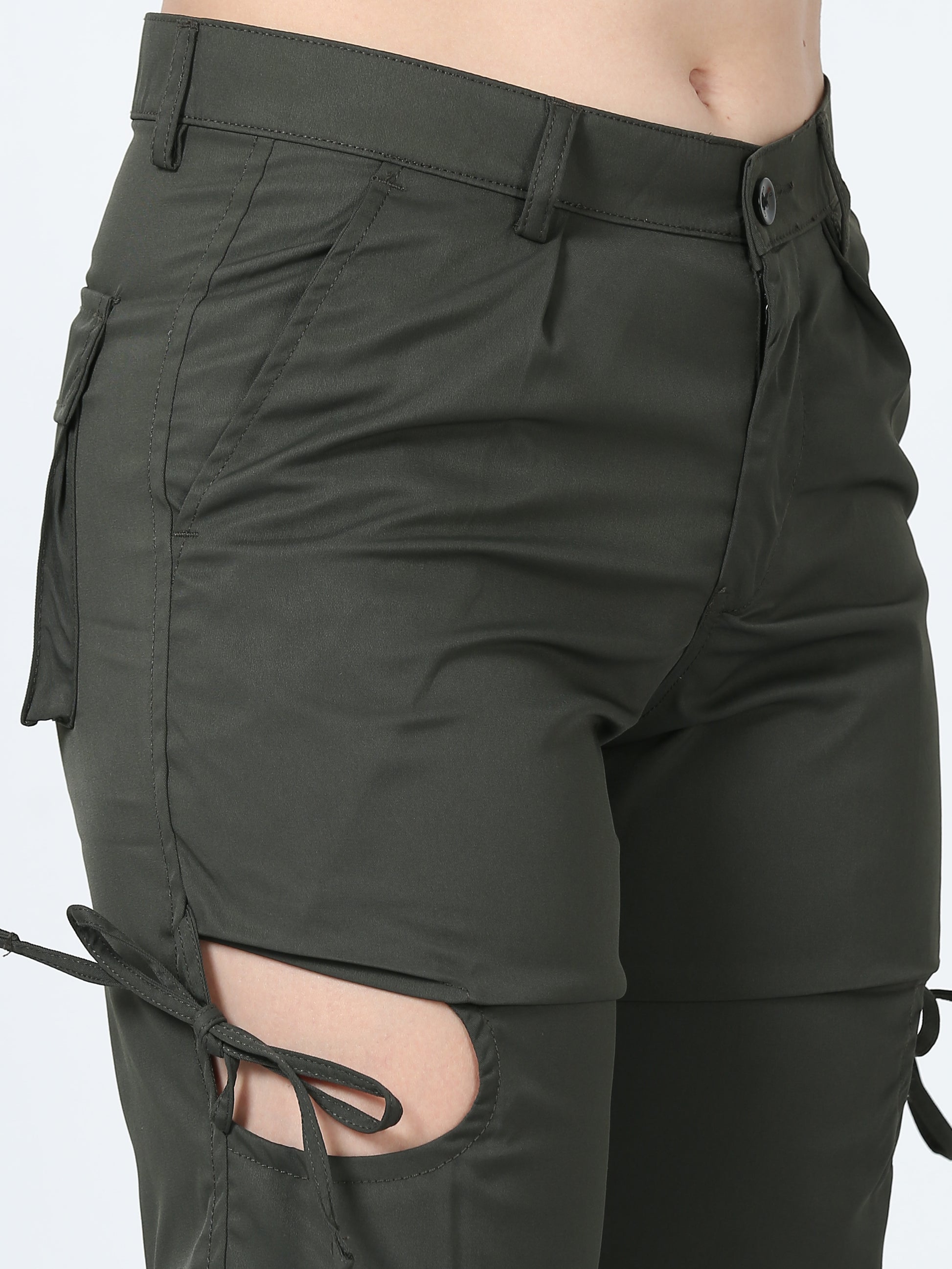 Women Dual Pocket Slashed Trousers-Olive