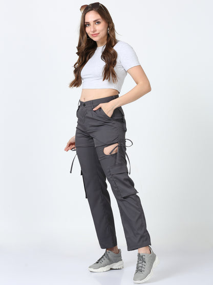 Women Dual Pocket Slashed Trousers-Grey