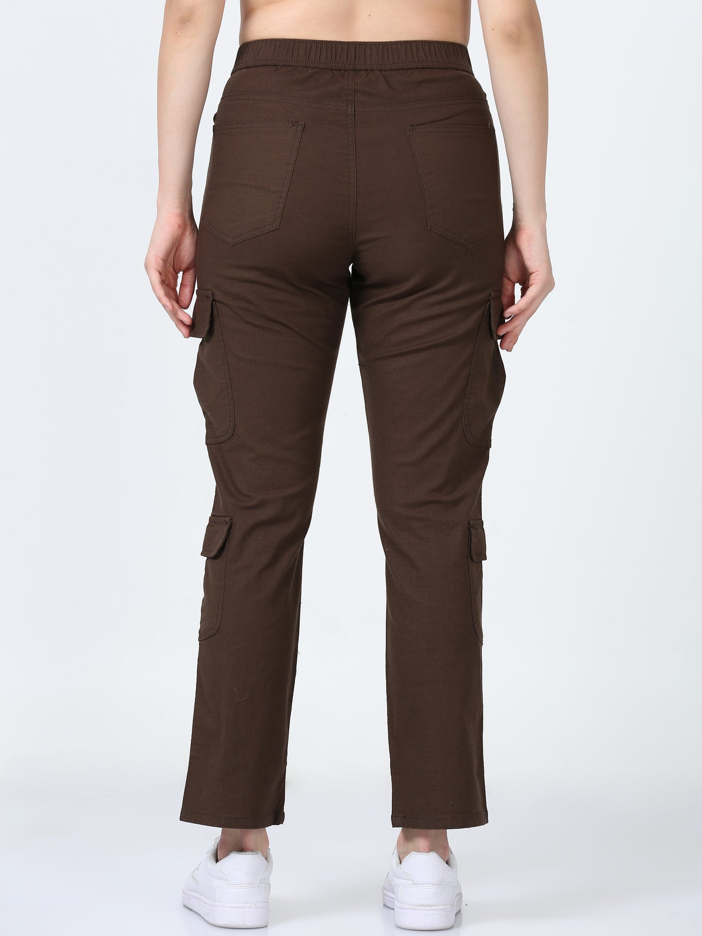 Women Lazy Linen Cargo Trousers-Brown